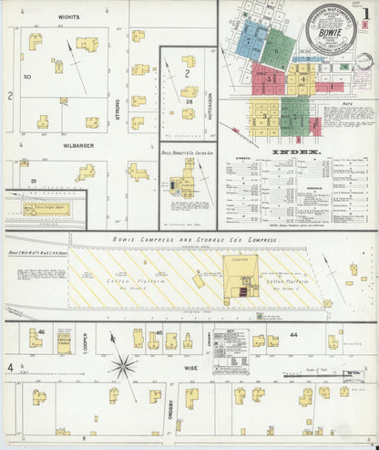 Sanborn Fire Insurance Map from Bowie, Montague County, Texas (1902), Sheet #0001 - Historic Sanborn Fire Insurance Map Print, vintage old map wall art, antique decor, genealogy gift, Texas Texas map