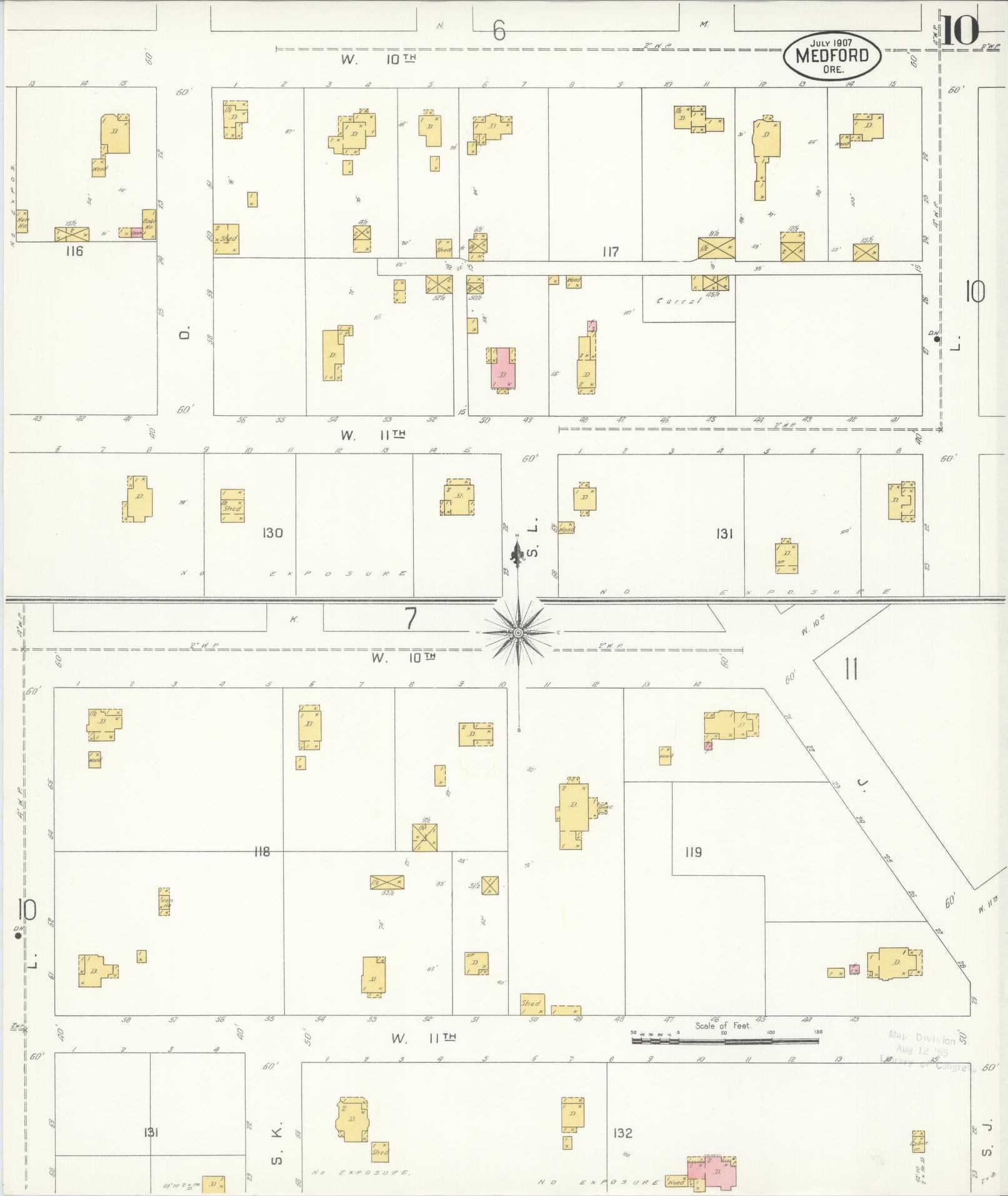 Sanborn Fire Insurance Map from Medford, Jackson County, Oregon (1907), Sheet #0010 - Historic Sanborn Fire Insurance Map Print, vintage old map wall art, antique decor, genealogy gift, Oregon Oregon map