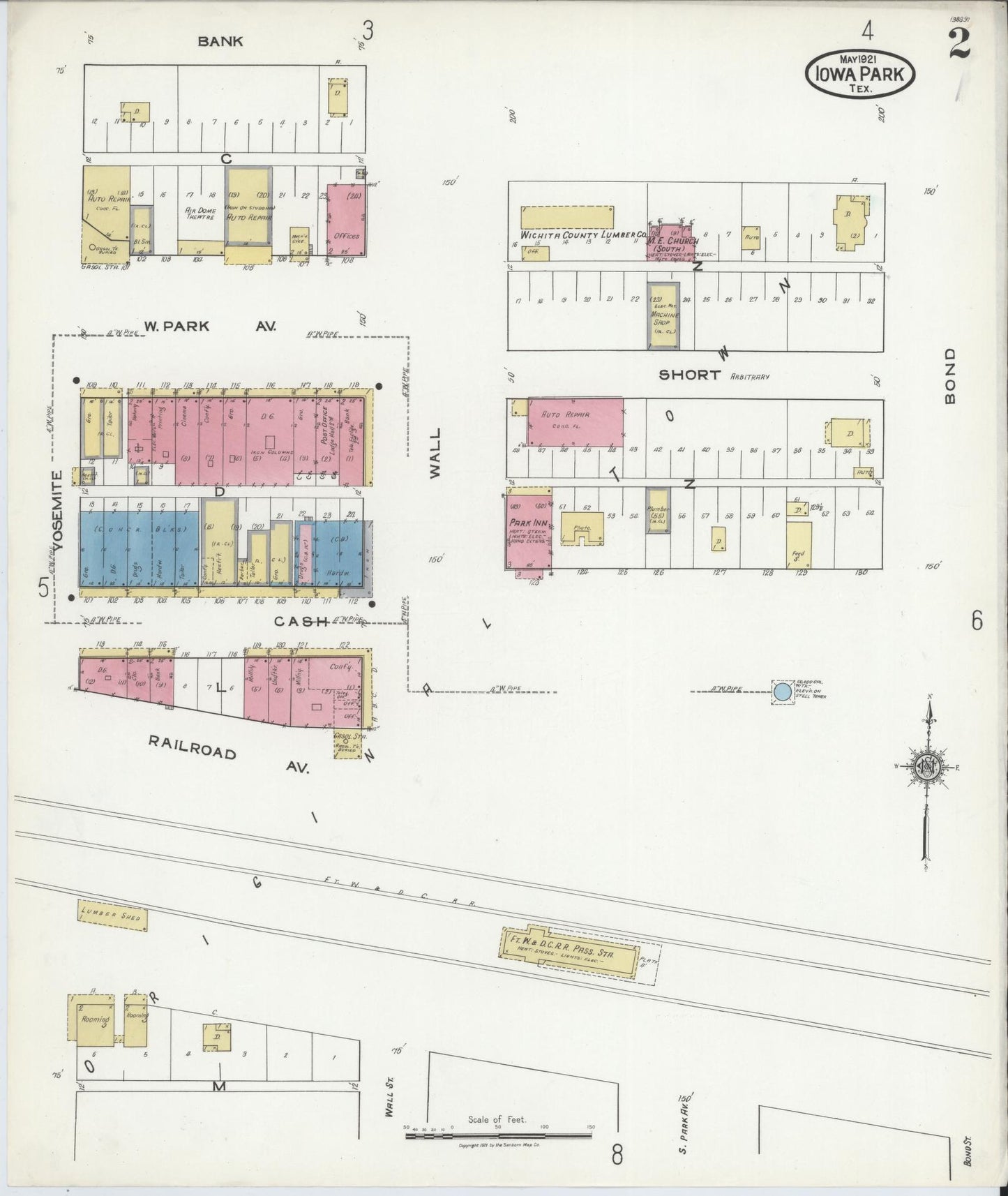Sanborn Fire Insurance Map from Iowa Park, Wichita County, Texas (1921), Sheet #0002 - Historic Sanborn Fire Insurance Map Print, vintage old map wall art
