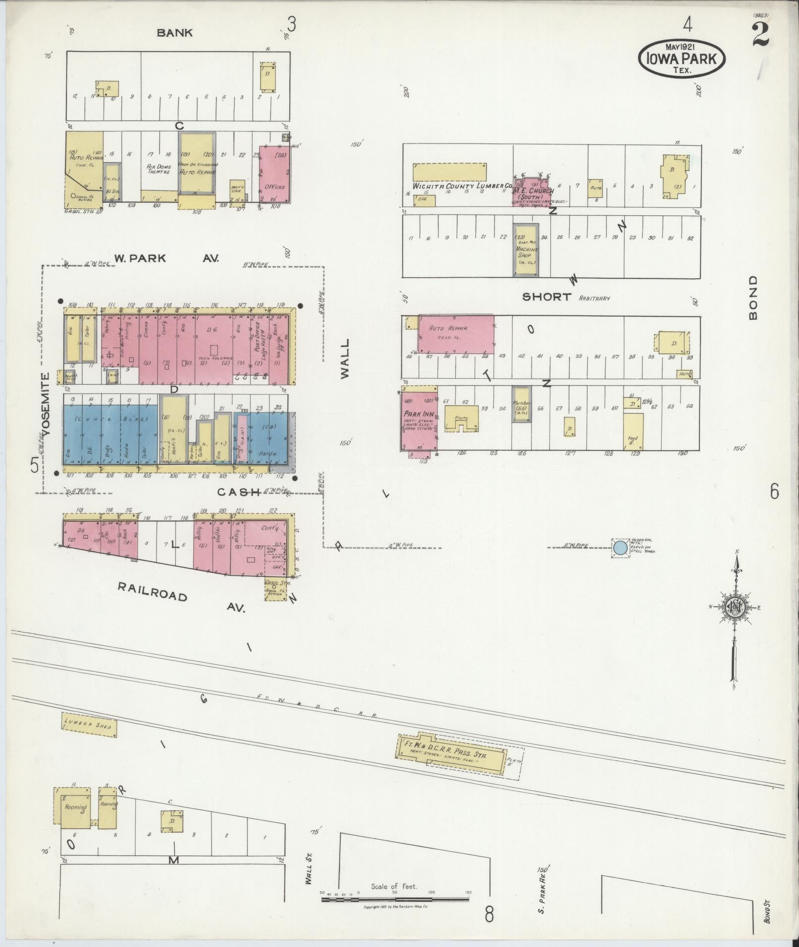 Sanborn Fire Insurance Map from Iowa Park, Wichita County, Texas (1921), Sheet #0002 - Historic Sanborn Fire Insurance Map Print, vintage old map wall art
