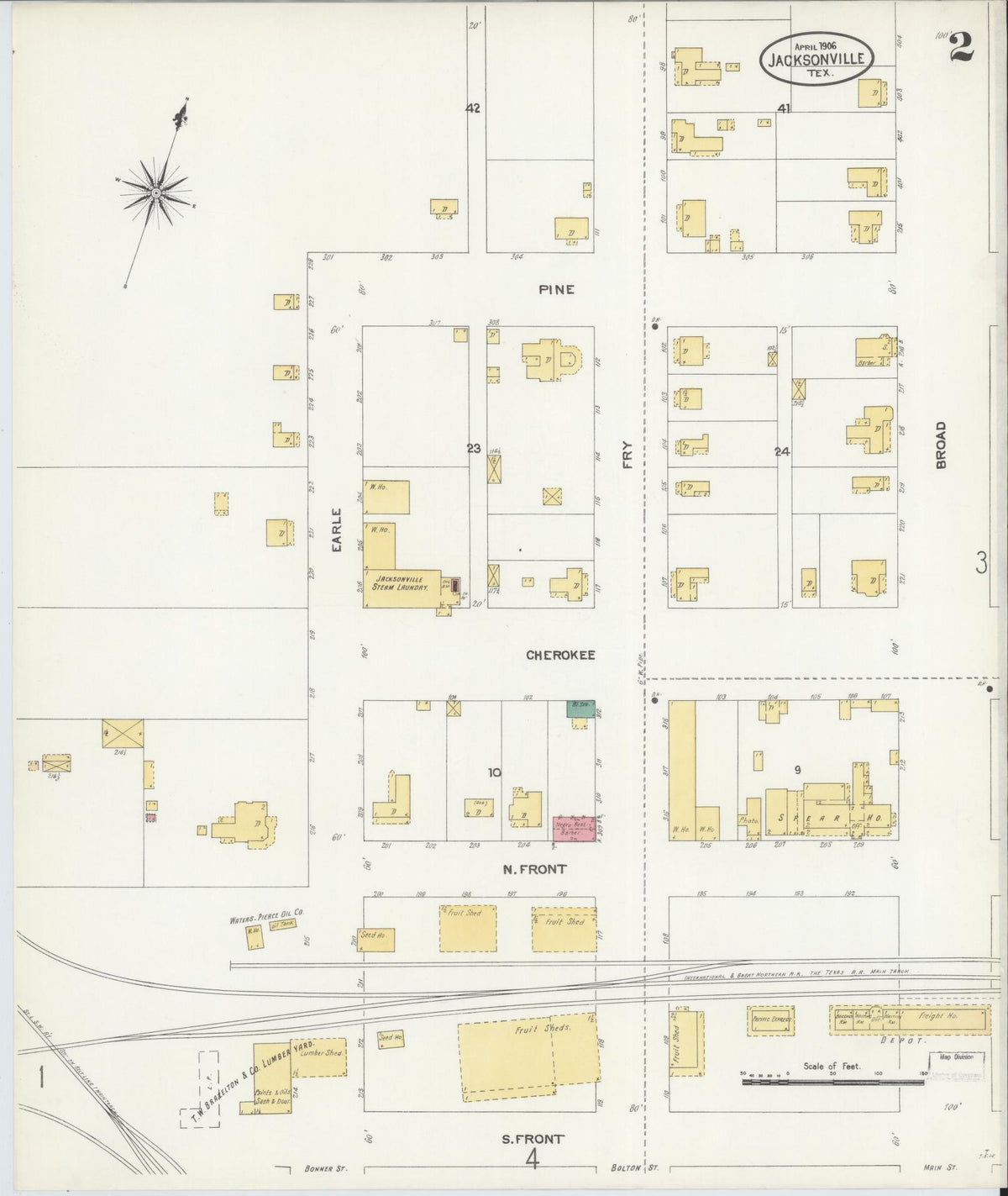 Sanborn Fire Insurance Map from Jacksonville, Cherokee County, Texas (1906), Sheet #0002 - Historic Sanborn Fire Insurance Map Print, vintage old map wall art, antique decor, genealogy gift, Texas Texas map