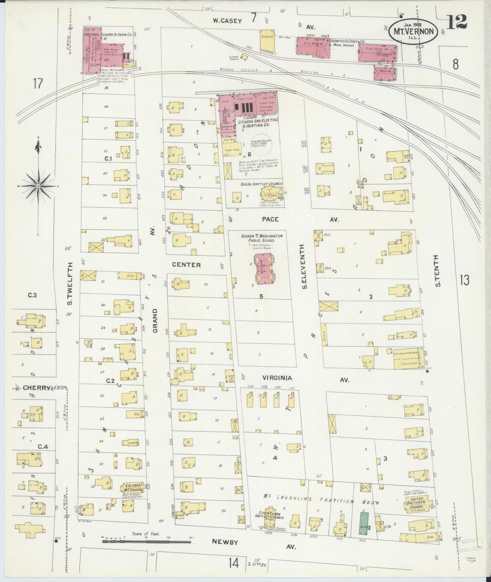 Sanborn Fire Insurance Map from Mount Vernon, Jefferson County, Illinois (1908), Sheet #0012 - Complete Map Set gallery image, historic Sanborn map, vintage wall art, Illinois Illinois