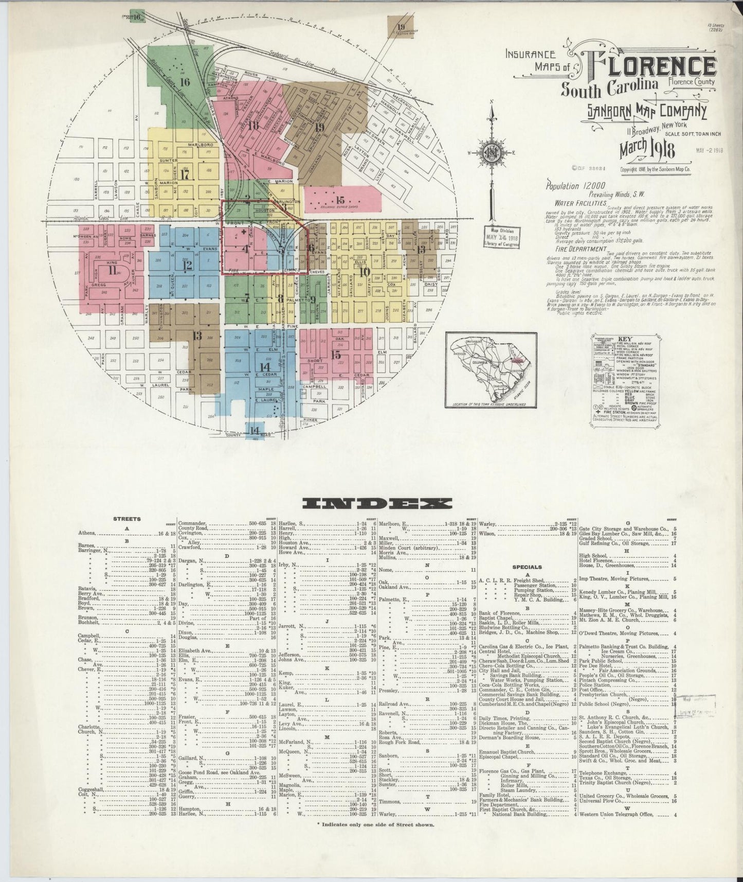 Sanborn Fire Insurance Map from Florence, Florence County, South Carolina (1918), Sheet #0001 - Complete Map Set gallery image, historic Sanborn map, vintage wall art, South Carolina South Carolina