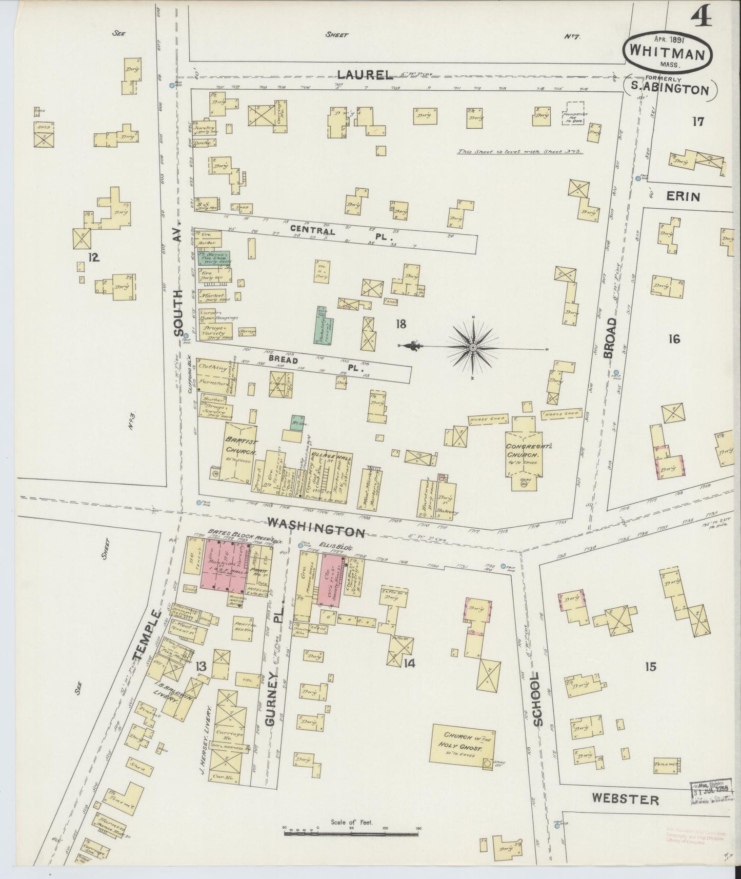 Sanborn Fire Insurance Map from Whitman, Plymouth County, Massachusetts (1891), Sheet #0004 - Complete Map Set gallery image, historic Sanborn map, vintage wall art, Massachusetts Massachusetts