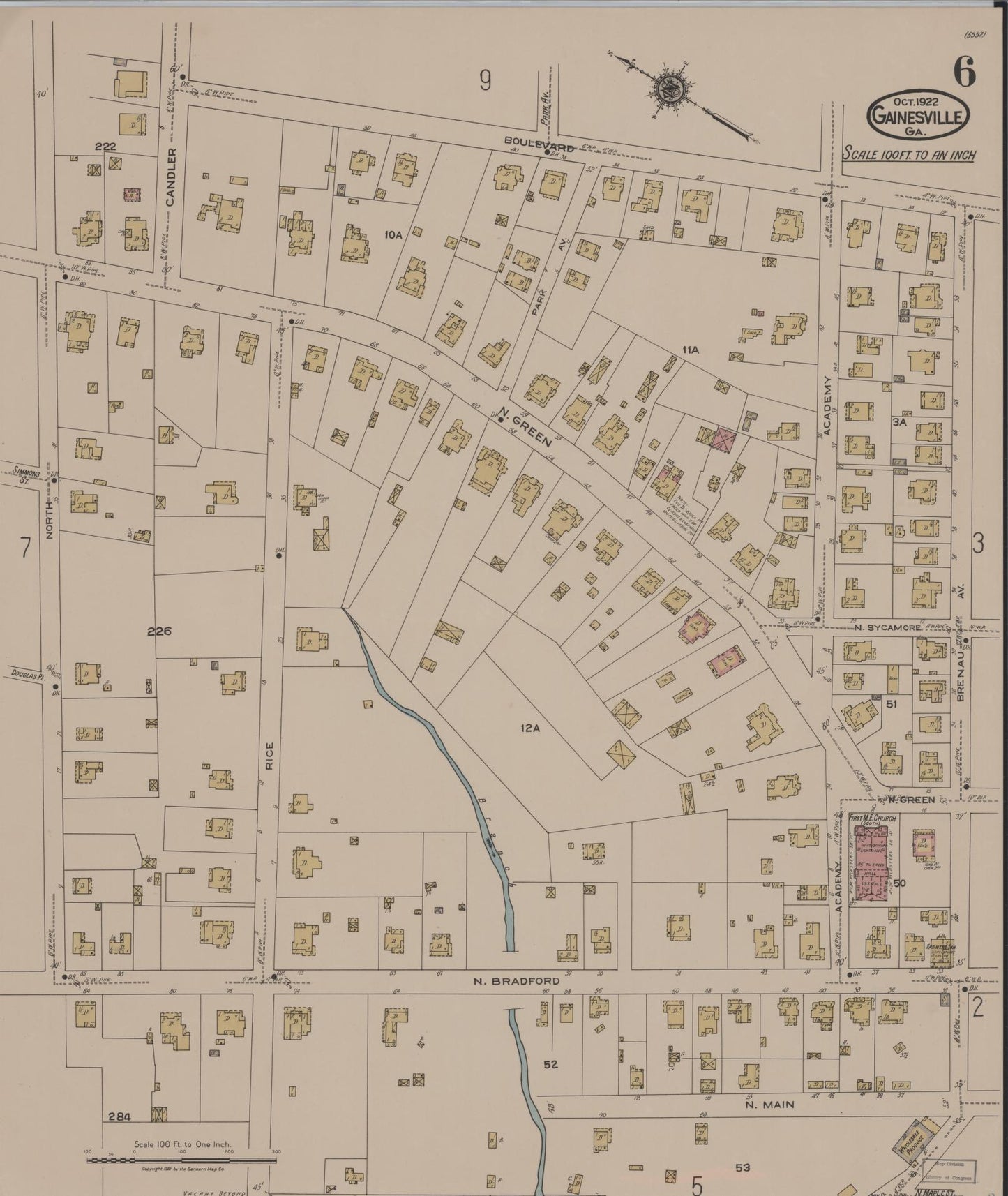Sanborn Fire Insurance Map from Gainesville, Hall County, Georgia (1922), Sheet #0006 - Complete Map Set gallery image, historic Sanborn map, vintage wall art, Georgia Georgia