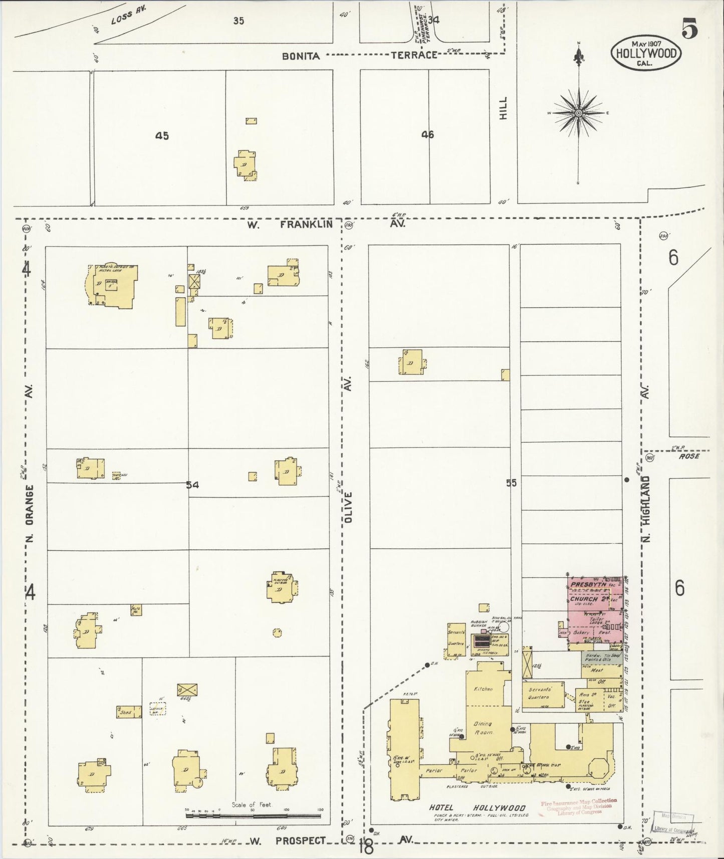 Sanborn Fire Insurance Map from Hollywood, Los Angeles County, California (1907), Sheet #0005 - Complete Map Set gallery image, historic Sanborn map, vintage wall art, California California