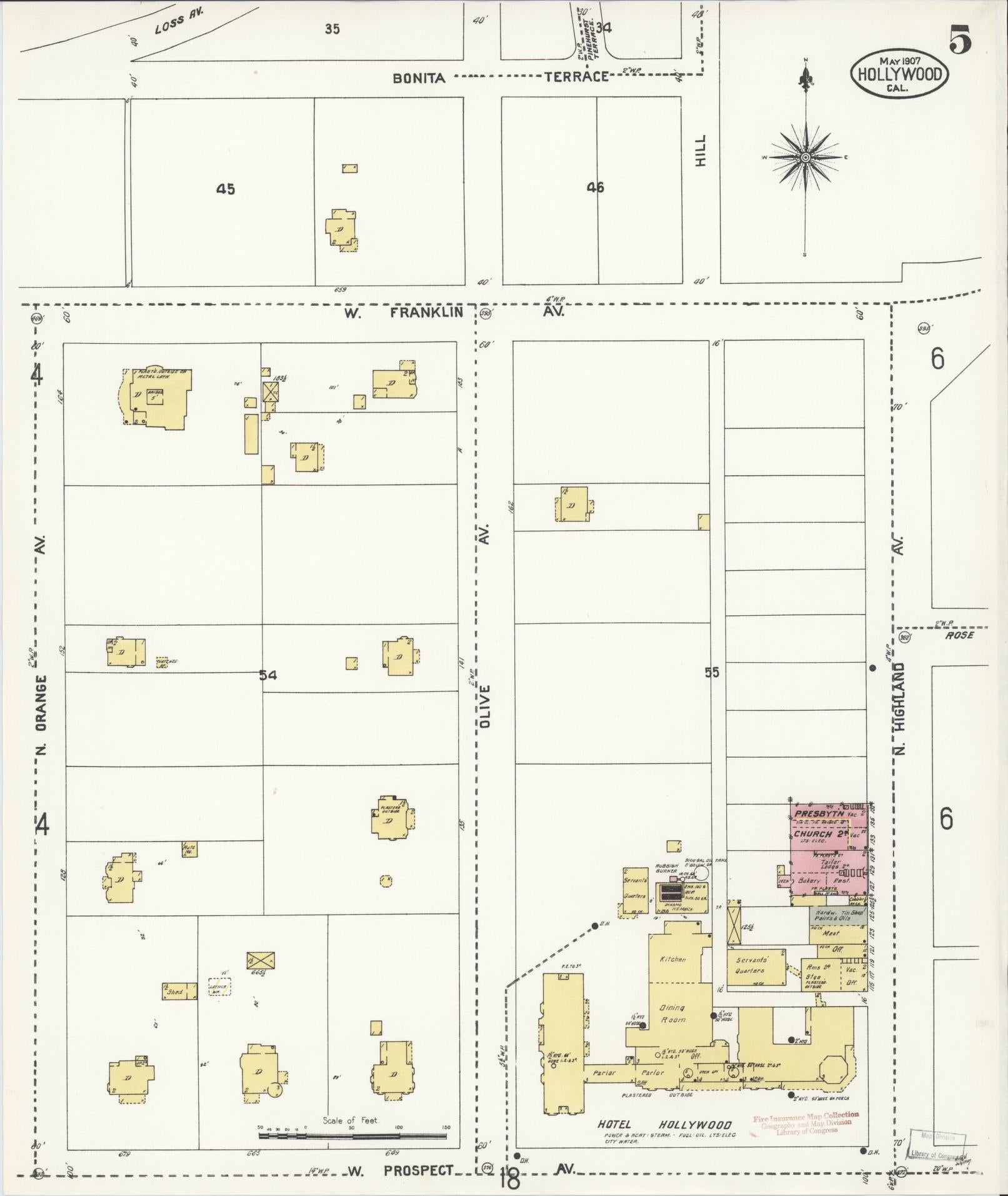 Sanborn Fire Insurance Map from Hollywood, Los Angeles County, California (1907), Sheet #0005 - Complete Map Set gallery image, historic Sanborn map, vintage wall art, California California