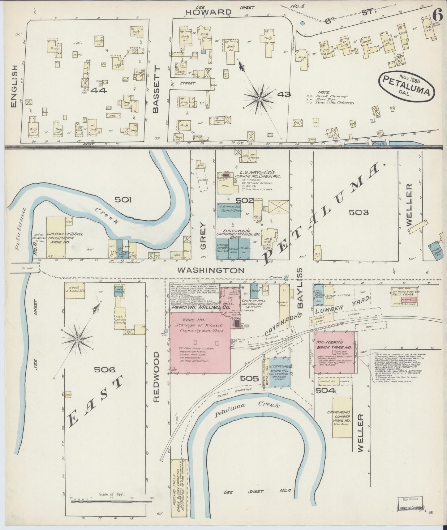 Sanborn Fire Insurance Map from Petaluma, Sonoma County, California (1885), Sheet #0006 - Complete Map Set gallery image, historic Sanborn map, vintage wall art, California California