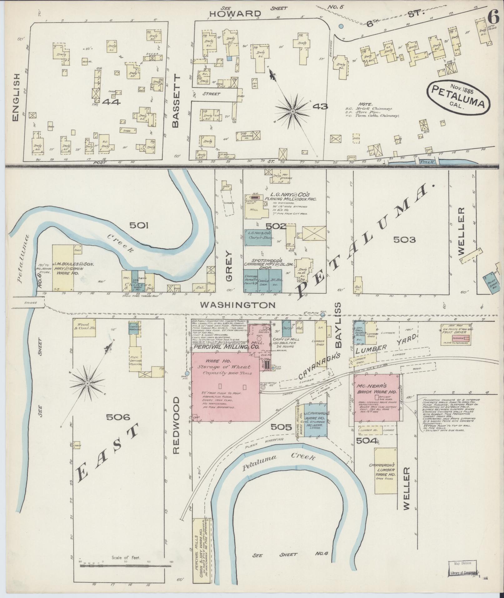 Sanborn Fire Insurance Map from Petaluma, Sonoma County, California (1885), Sheet #0006 - Complete Map Set gallery image, historic Sanborn map, vintage wall art, California California