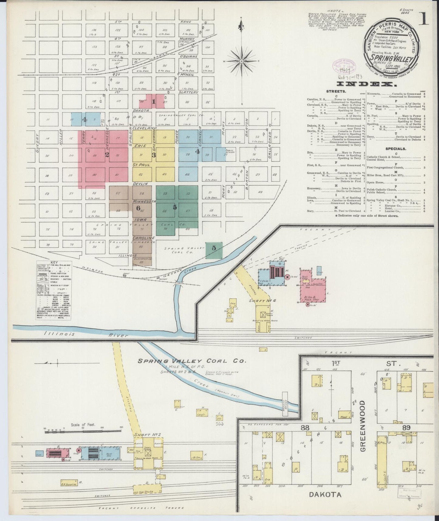 Sanborn Fire Insurance Map from Spring Valley, Bureau County, Illinois (1893), Sheet #0001 - Complete Map Set gallery image, historic Sanborn map, vintage wall art, Illinois Illinois