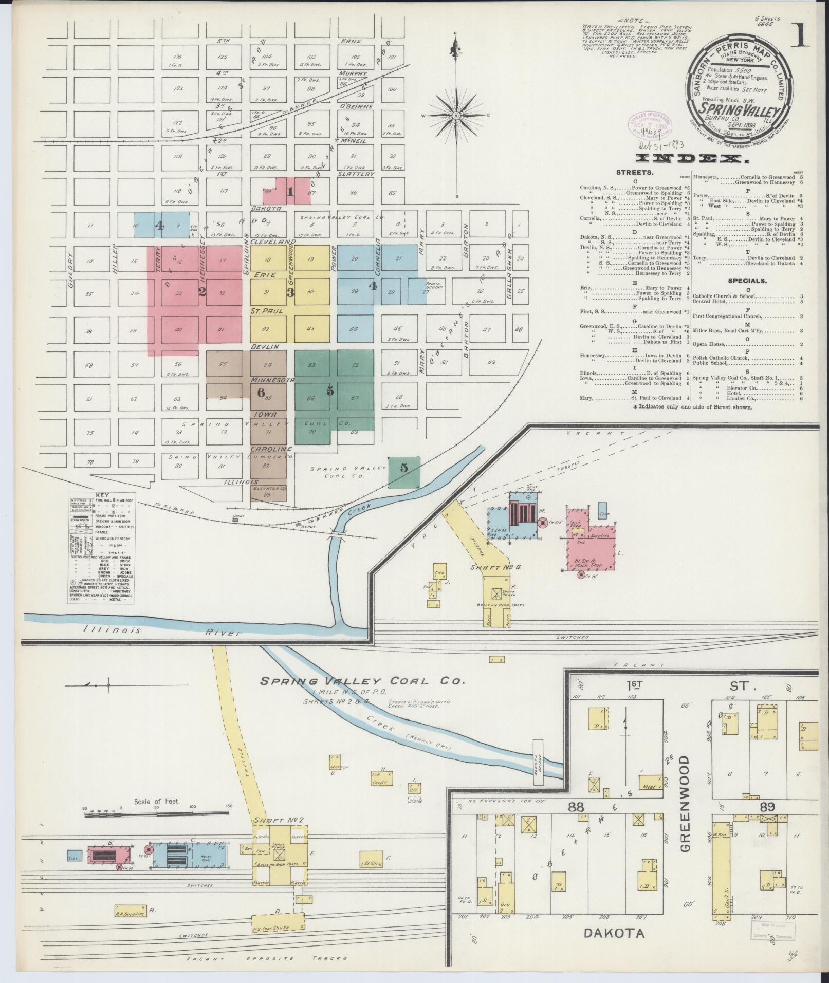 Sanborn Fire Insurance Map from Spring Valley, Bureau County, Illinois (1893), Sheet #0001 - Complete Map Set gallery image, historic Sanborn map, vintage wall art, Illinois Illinois