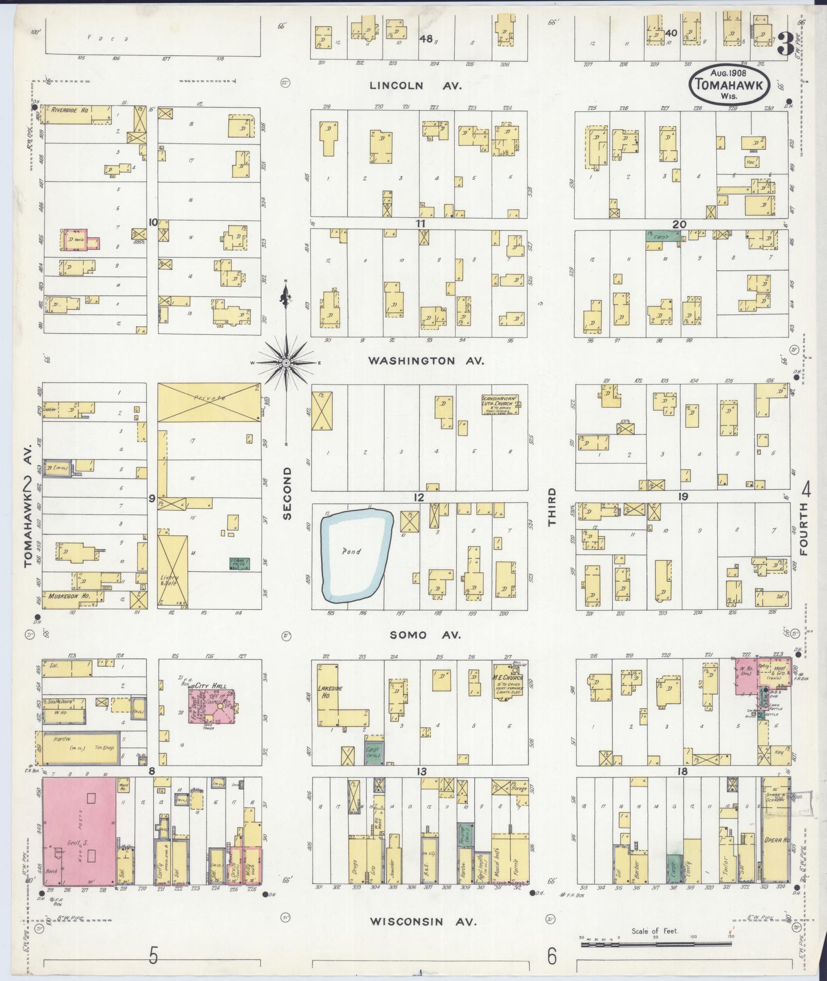 Sanborn Fire Insurance Map from Tomahawk, Lincoln County, Wisconsin (1908), Sheet #0003 - Complete Map Set gallery image, historic Sanborn map, vintage wall art, Wisconsin Wisconsin