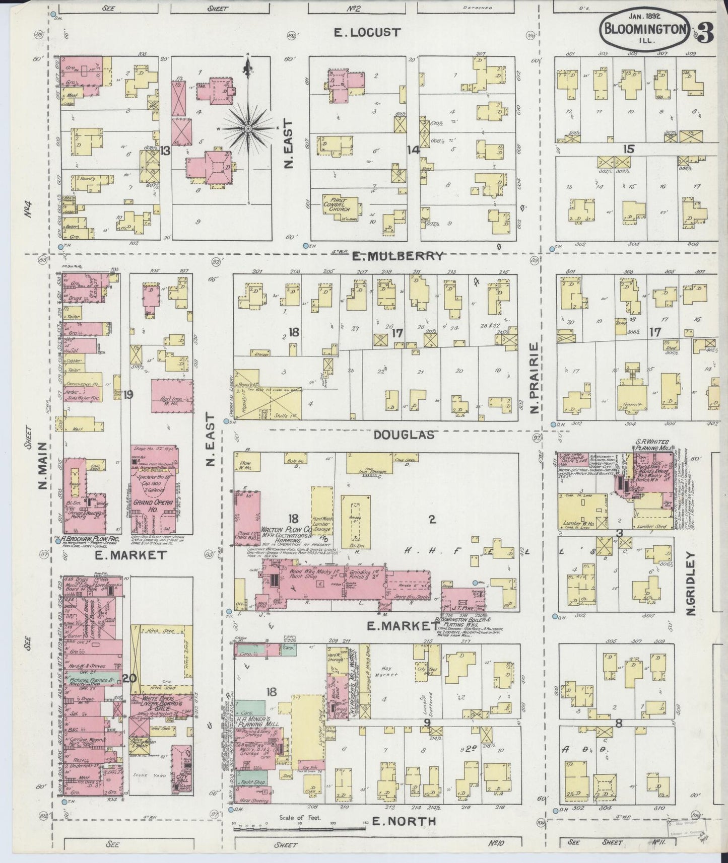 Sanborn Fire Insurance Map from Bloomington, McLean County, Illinois (1892), Sheet #0003 - Complete Map Set gallery image, historic Sanborn map, vintage wall art, Illinois Illinois