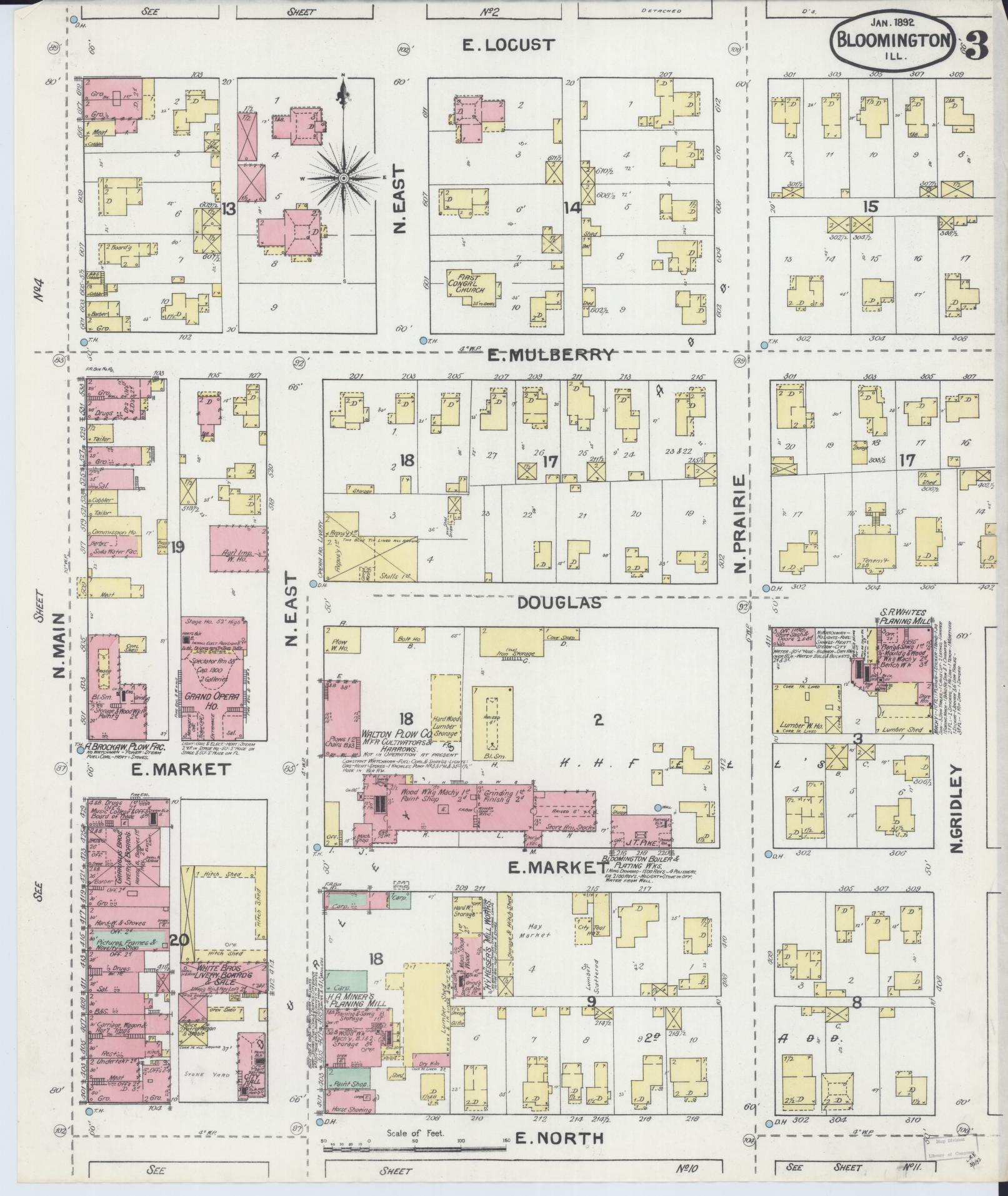 Sanborn Fire Insurance Map from Bloomington, McLean County, Illinois (1892), Sheet #0003 - Complete Map Set gallery image, historic Sanborn map, vintage wall art, Illinois Illinois