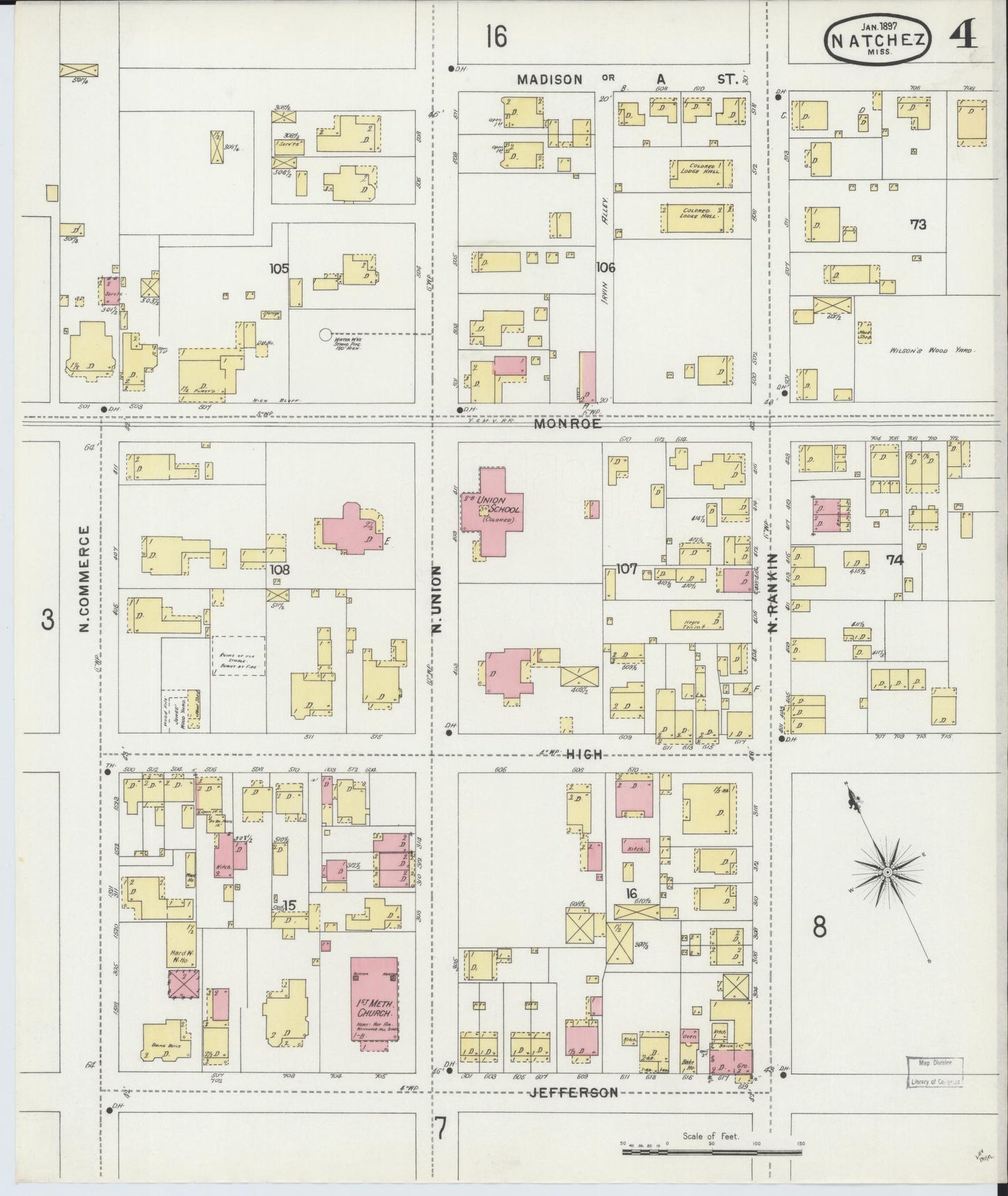 Sanborn Fire Insurance Map from Natchez, Adams County, Mississippi (1897), Sheet #0004 - Complete Map Set gallery image, historic Sanborn map, vintage wall art, Mississippi Mississippi