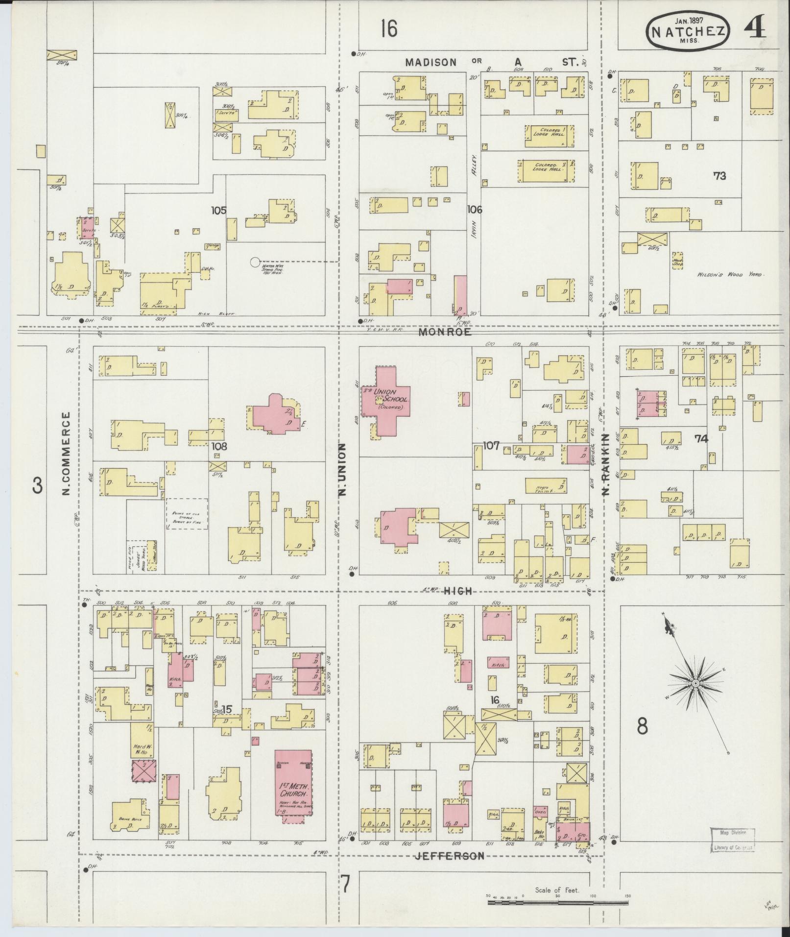 Sanborn Fire Insurance Map from Natchez, Adams County, Mississippi (1897), Sheet #0004 - Complete Map Set gallery image, historic Sanborn map, vintage wall art, Mississippi Mississippi