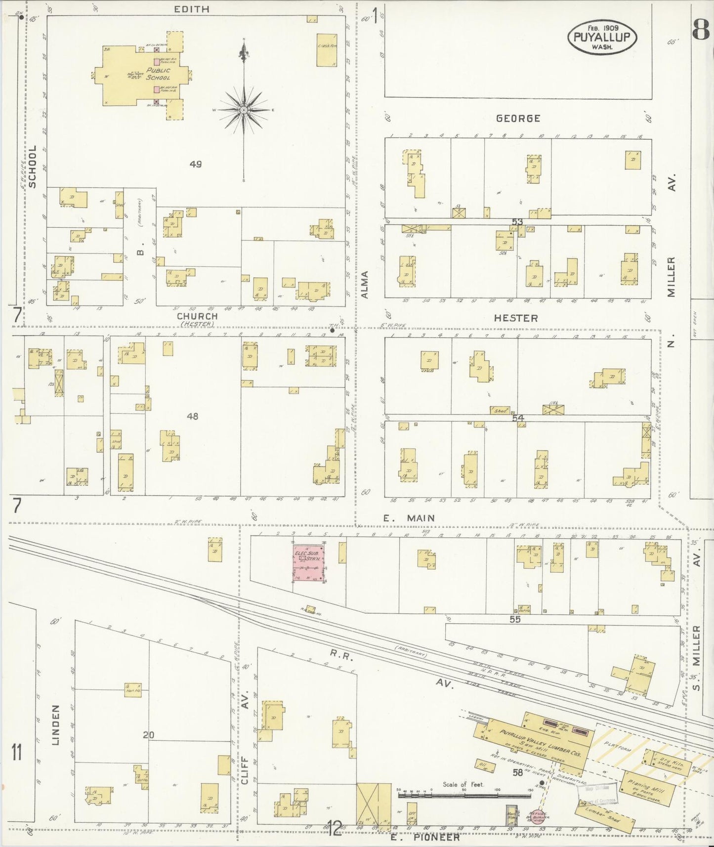 Sanborn Fire Insurance Map from Puyallup, Pierce County, Washington (1909), Sheet #0008 - Complete Map Set gallery image, historic Sanborn map, vintage wall art, Washington Washington