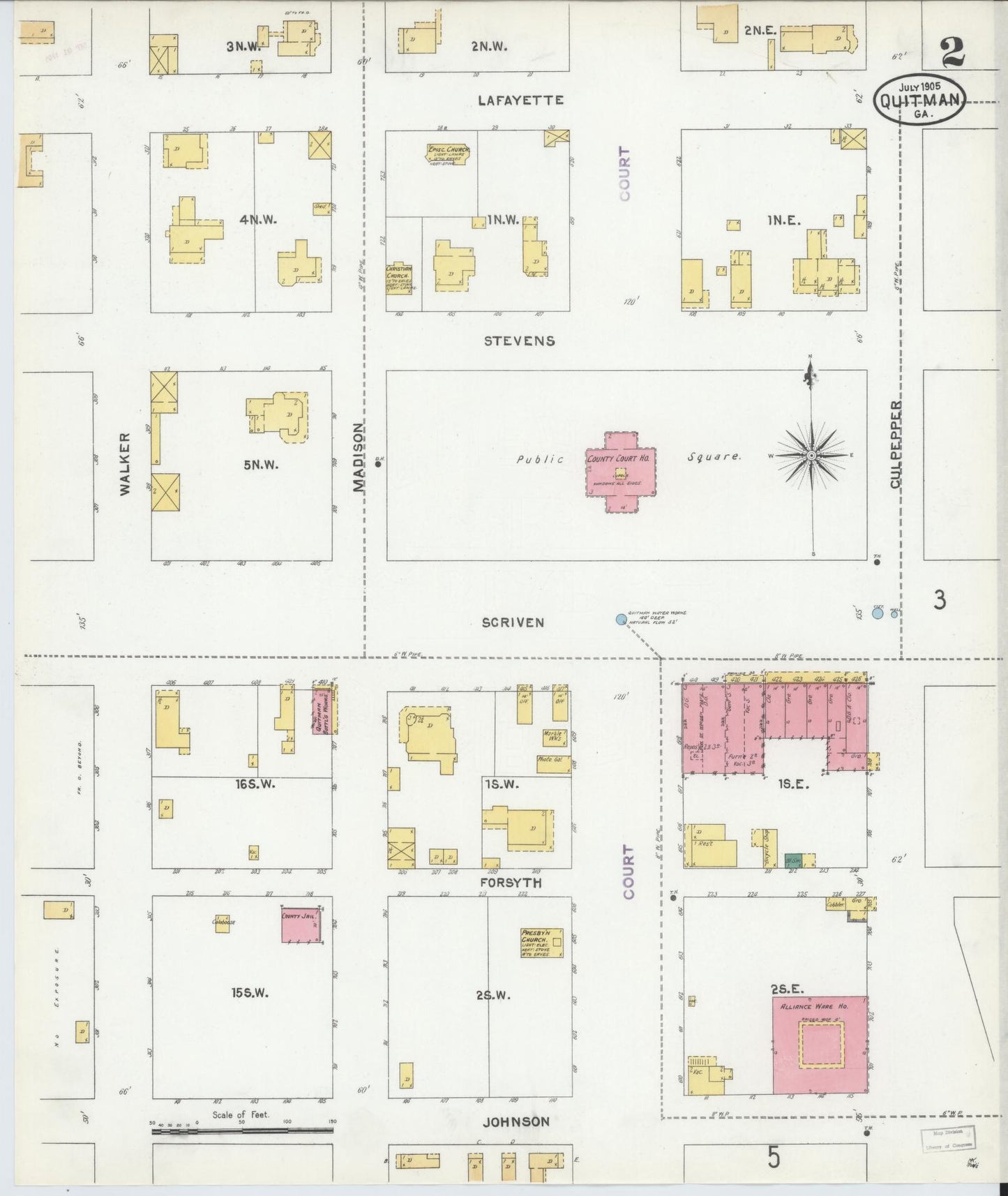 Sanborn Fire Insurance Map from Quitman, Brooks County, Georgia (1905), Sheet #0002 - Complete Map Set gallery image, historic Sanborn map, vintage wall art, Georgia Georgia