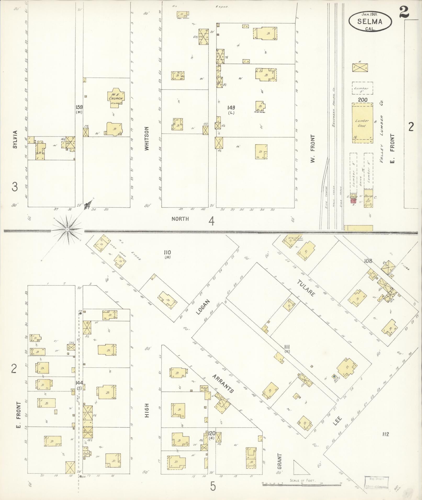 Sanborn Fire Insurance Map from Selma, Fresno County, California (1901), Sheet #0002 - Complete Map Set gallery image, historic Sanborn map, vintage wall art, California California