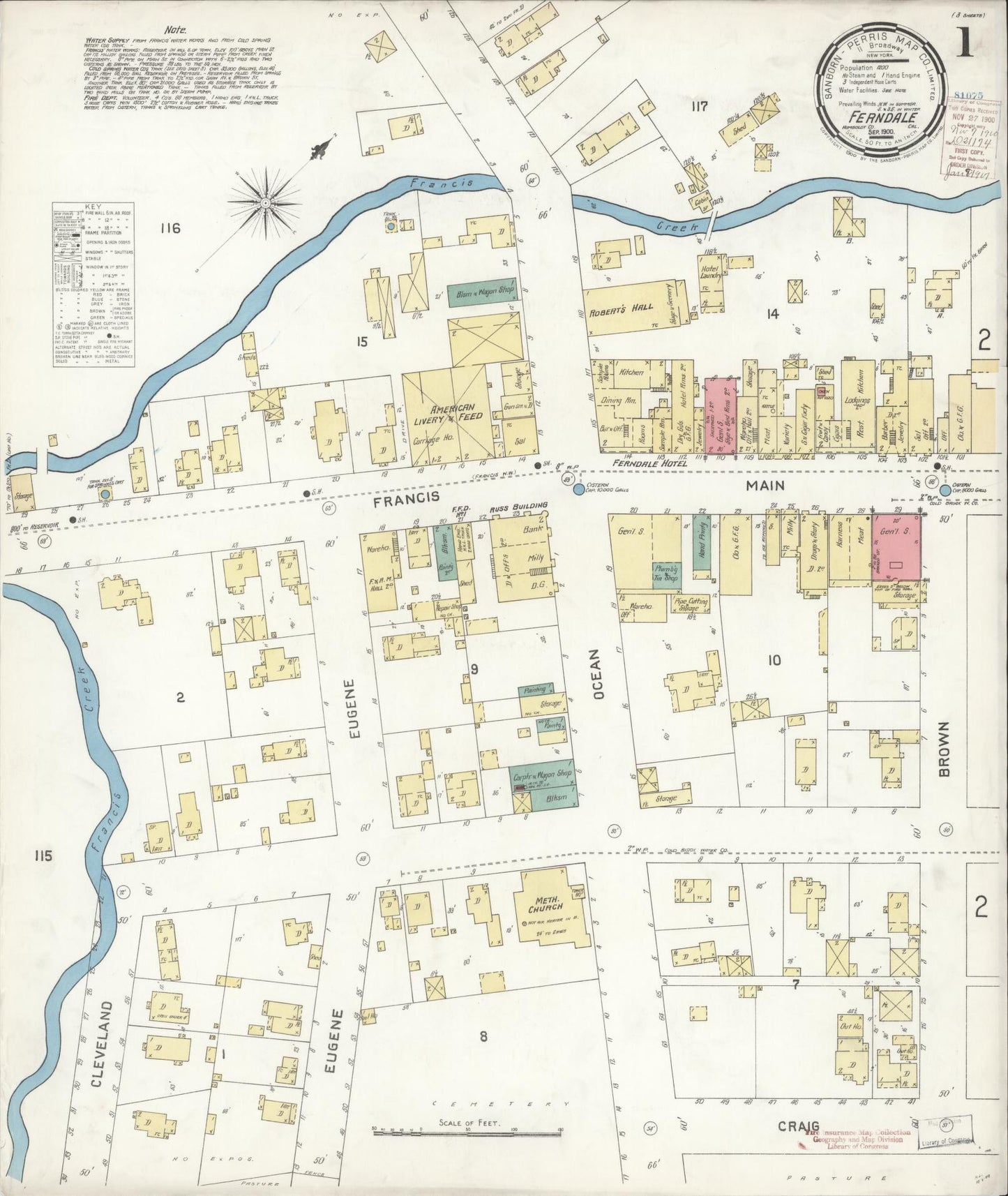 Sanborn Fire Insurance Map from Ferndale, Humboldt County, California (1900), Sheet #0001 - Complete Map Set gallery image, historic Sanborn map, vintage wall art, California California