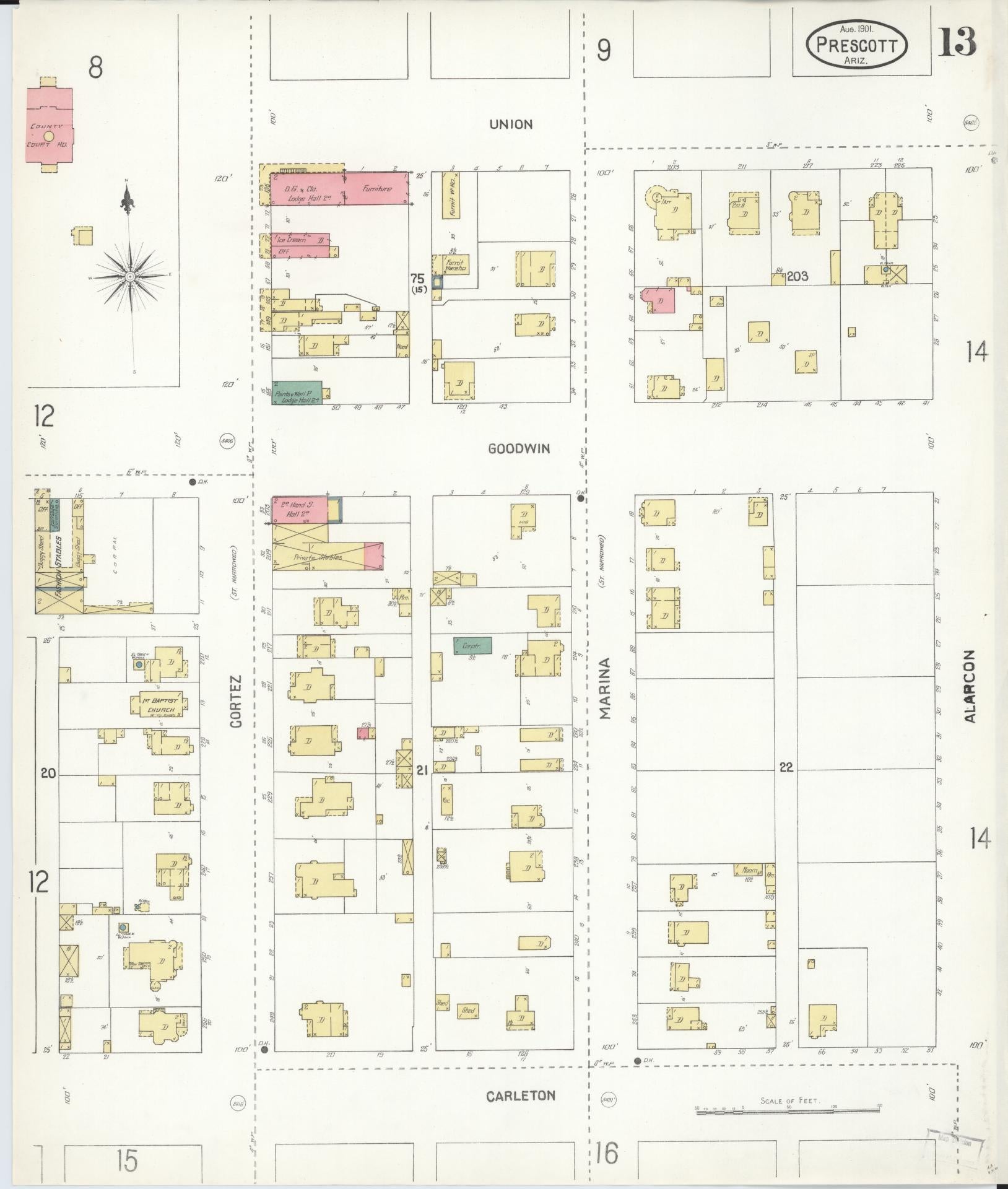 Sanborn Fire Insurance Map from Prescott, Yavapai County, Arizona (1901), Sheet #0013 - Complete Map Set gallery image, historic Sanborn map, vintage wall art, Arizona Arizona