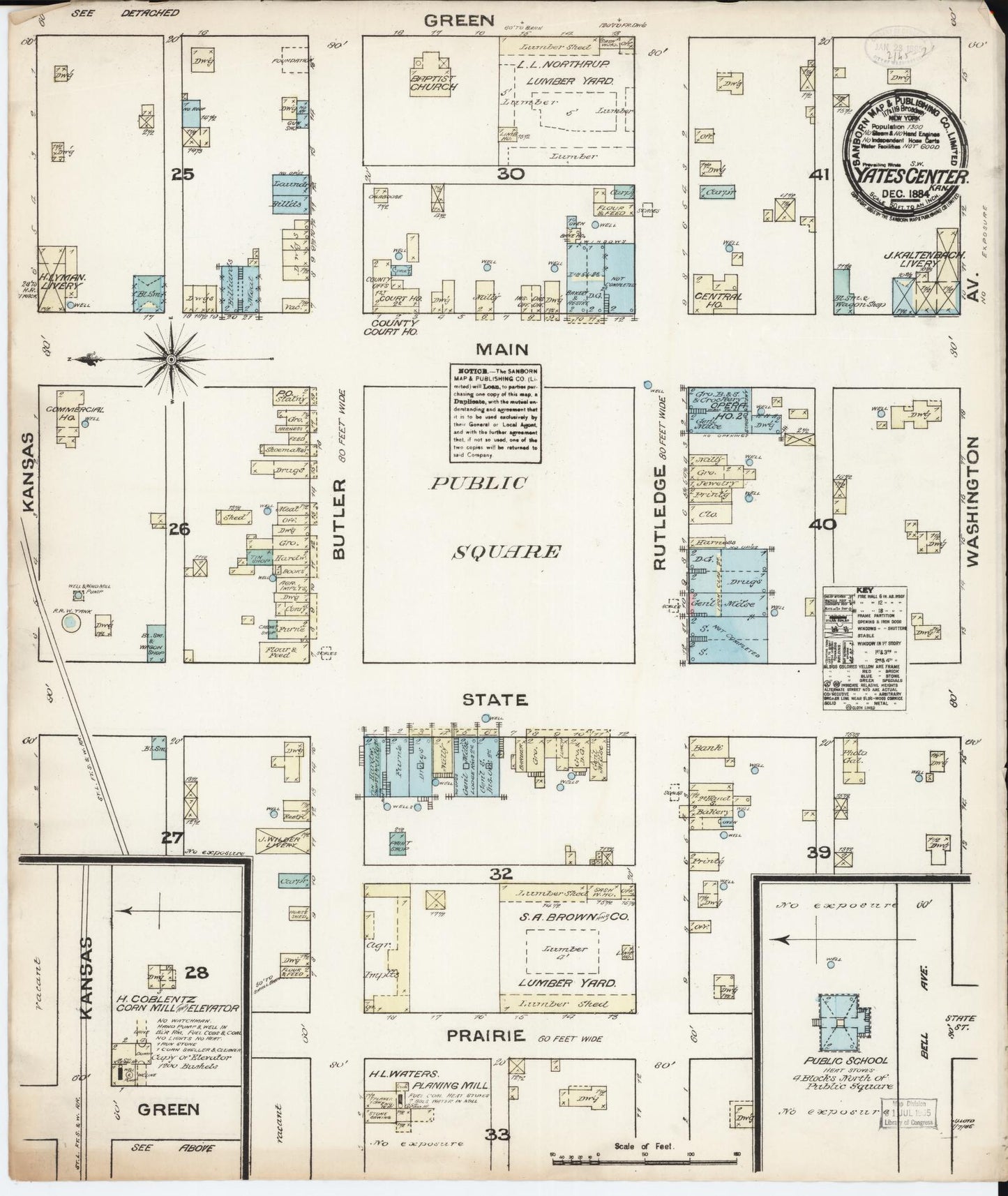 Sanborn Fire Insurance Map from Yates Center, Woodson County, Kansas (1884), Sheet #0001 - Historic Sanborn Fire Insurance Map Print, vintage old map wall art, antique decor, genealogy gift, Kansas Kansas map