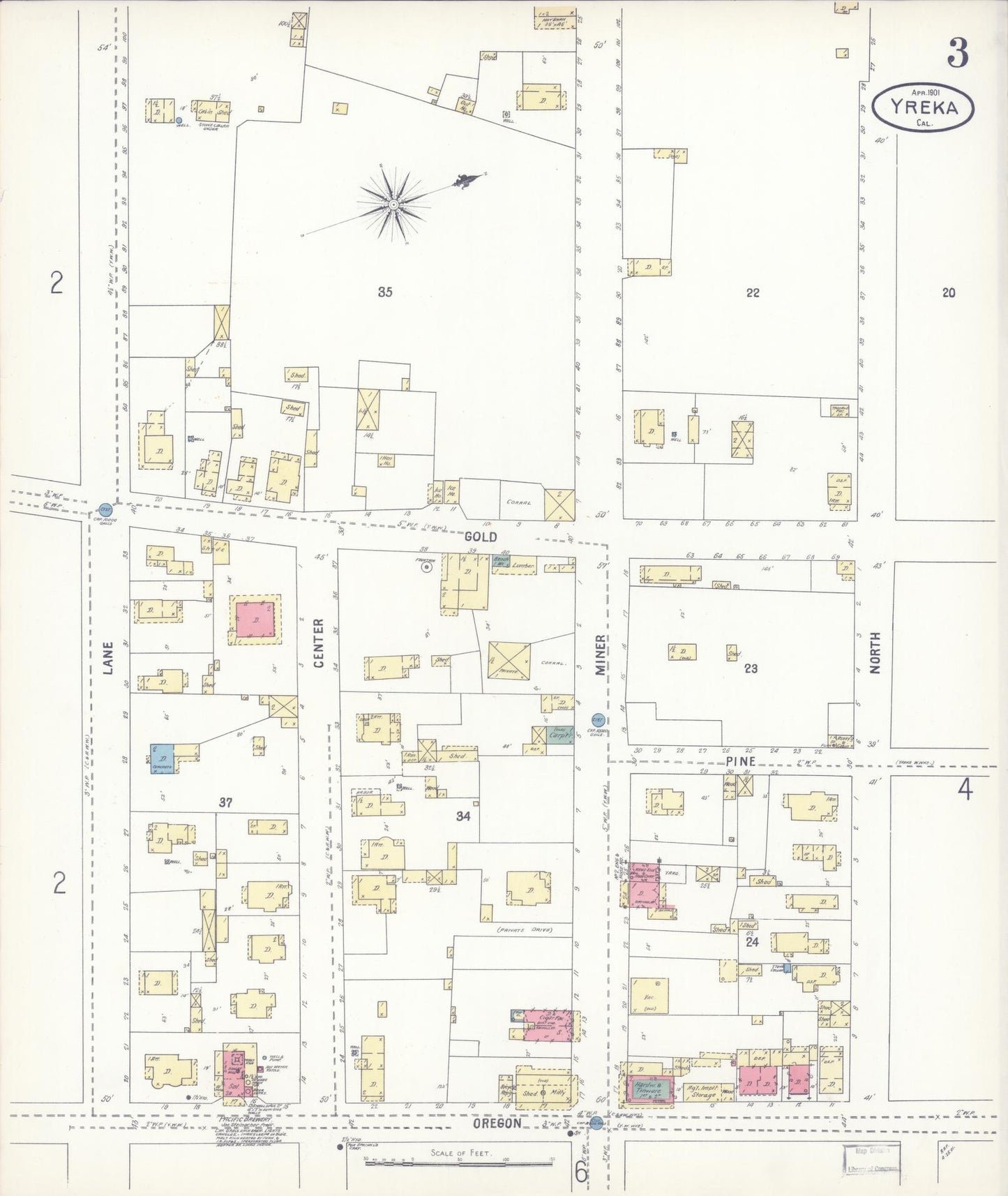 Sanborn Fire Insurance Map from Yreka, Siskiyou County, California (1901), Sheet #0003 - Complete Map Set gallery image, historic Sanborn map, vintage wall art, California California