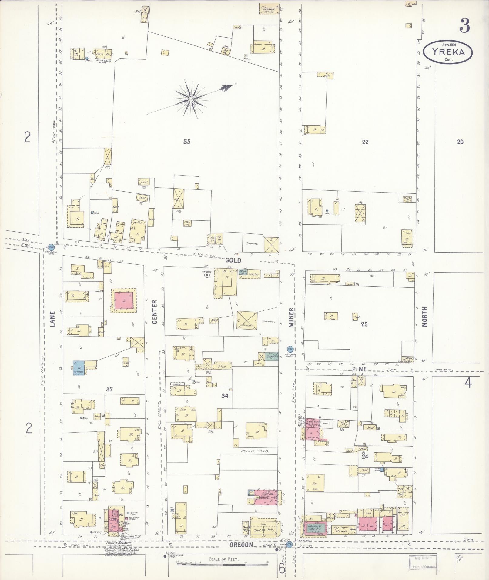 Sanborn Fire Insurance Map from Yreka, Siskiyou County, California (1901), Sheet #0003 - Complete Map Set gallery image, historic Sanborn map, vintage wall art, California California