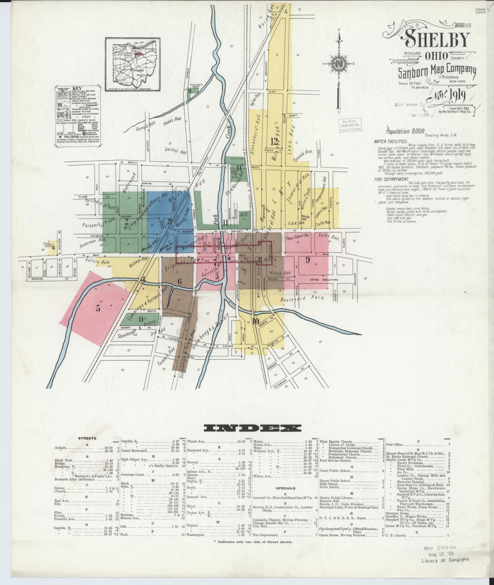 Sanborn Fire Insurance Map from Shelby, Richland County, Ohio (1919), Sheet #0001 - Historic Sanborn Fire Insurance Map Print, vintage old map wall art, antique decor, genealogy gift, Ohio Ohio map