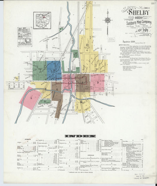 Sanborn Fire Insurance Map from Shelby, Richland County, Ohio (1919), Sheet #0001 - Historic Sanborn Fire Insurance Map Print, vintage old map wall art, antique decor, genealogy gift, Ohio Ohio map