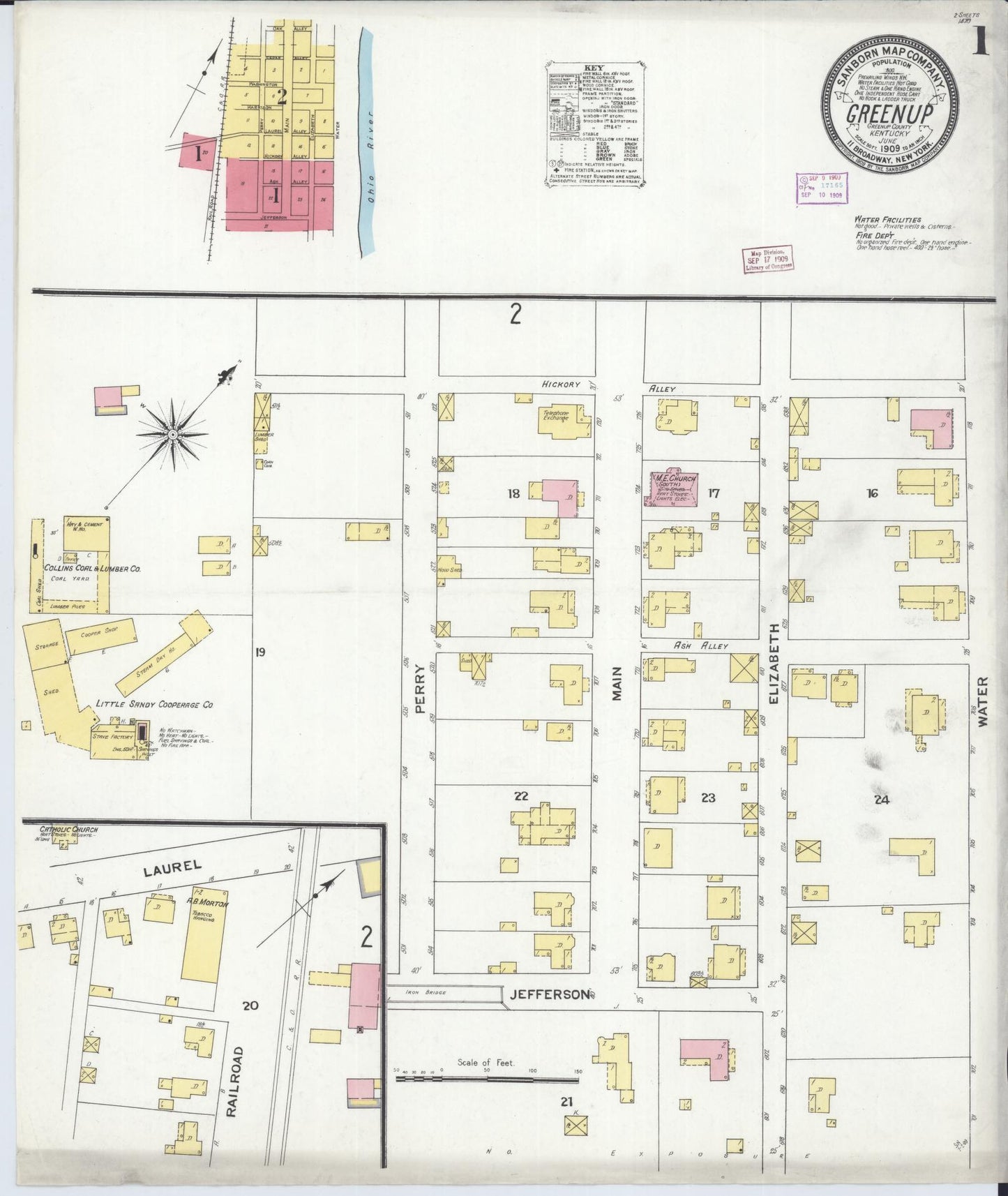 Sanborn Fire Insurance Map from Greenup, Greenup County, Kentucky (1909), Sheet #0001 - Complete Map Set gallery image, historic Sanborn map, vintage wall art, Kentucky Kentucky