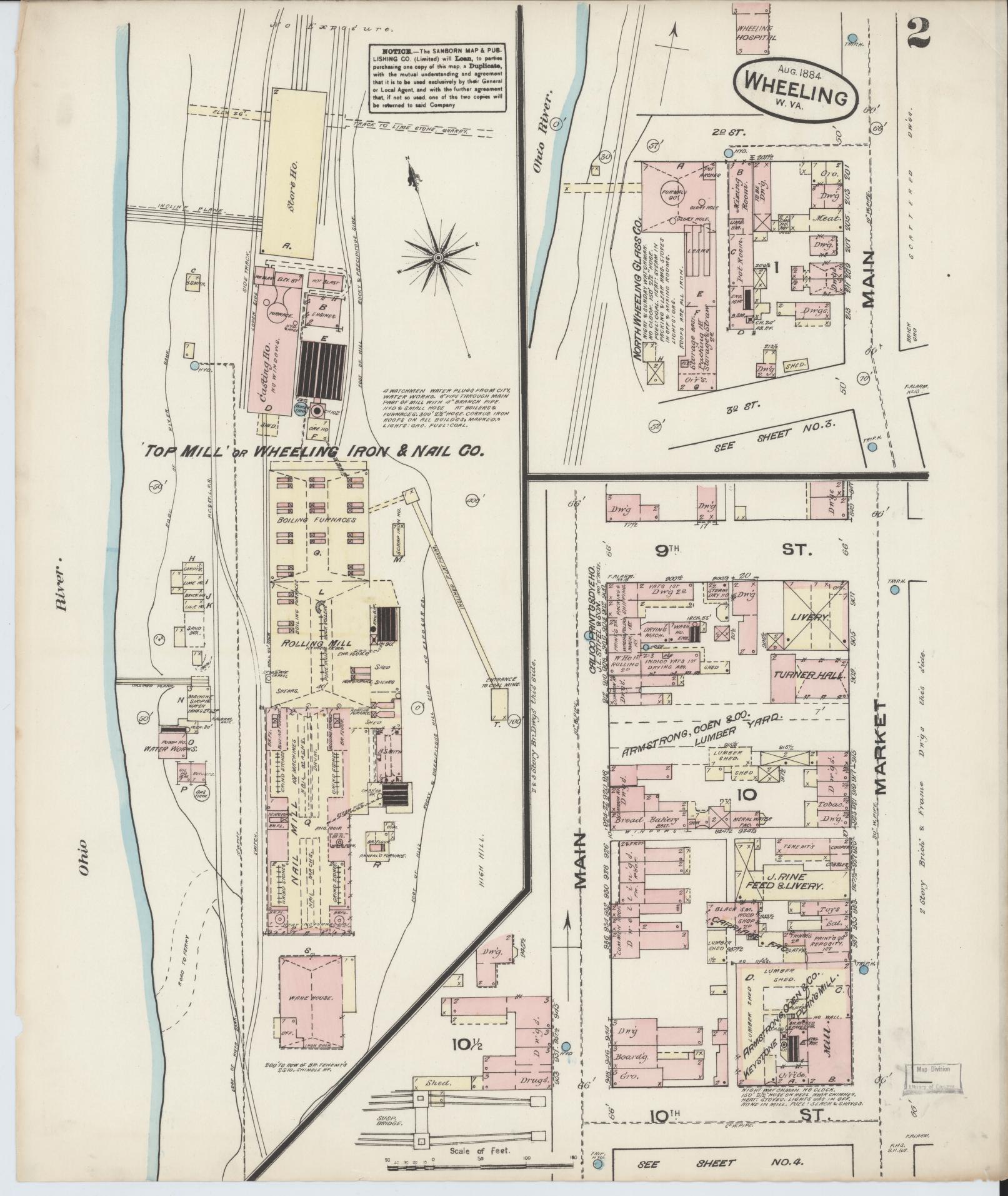 Sanborn Fire Insurance Map from Wheeling, Ohio County, West Virginia (1884), Sheet #0002 - Historic Sanborn Fire Insurance Map Print, vintage old map wall art, antique decor, genealogy gift, West Virginia West Virginia map