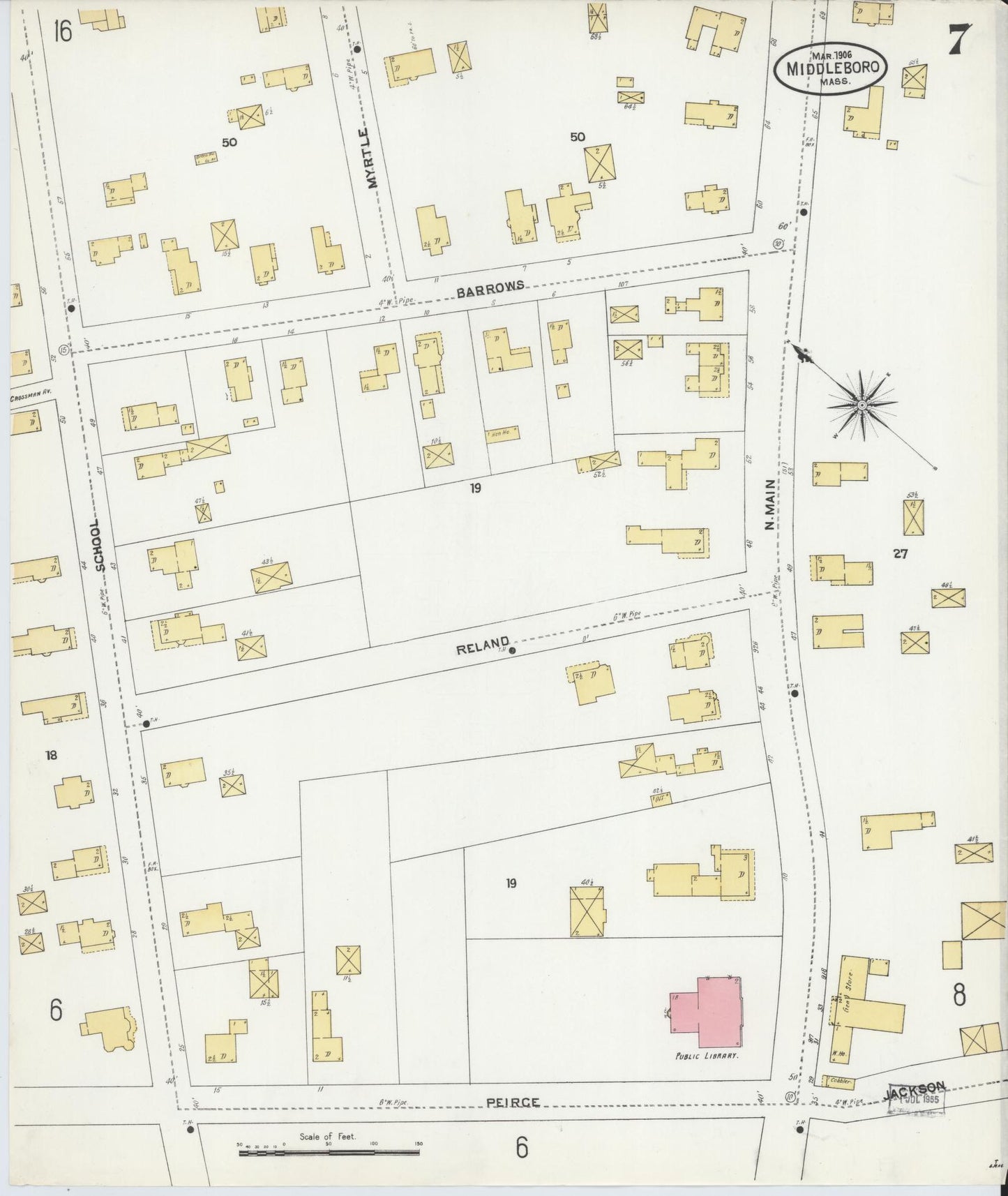 Sanborn Fire Insurance Map from Middleboro, Plymouth County, Massachusetts (1906), Sheet #0007 - Historic Sanborn Fire Insurance Map Print, vintage old map wall art, antique decor, genealogy gift, Massachusetts Massachusetts map