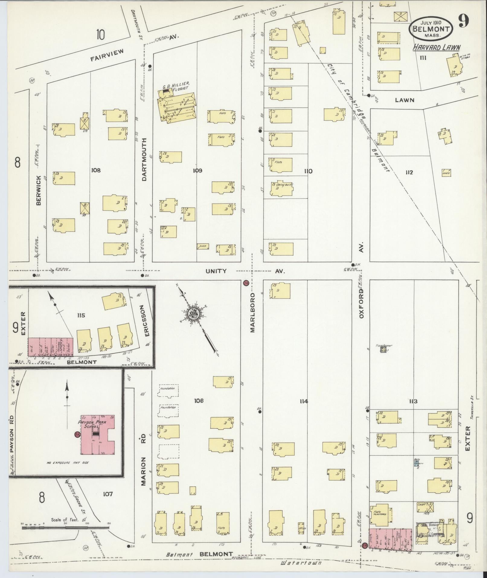 Sanborn Fire Insurance Map from Belmont, Middlesex County, Massachusetts (1910), Sheet #0009 - Complete Map Set gallery image, historic Sanborn map, vintage wall art, Massachusetts Massachusetts