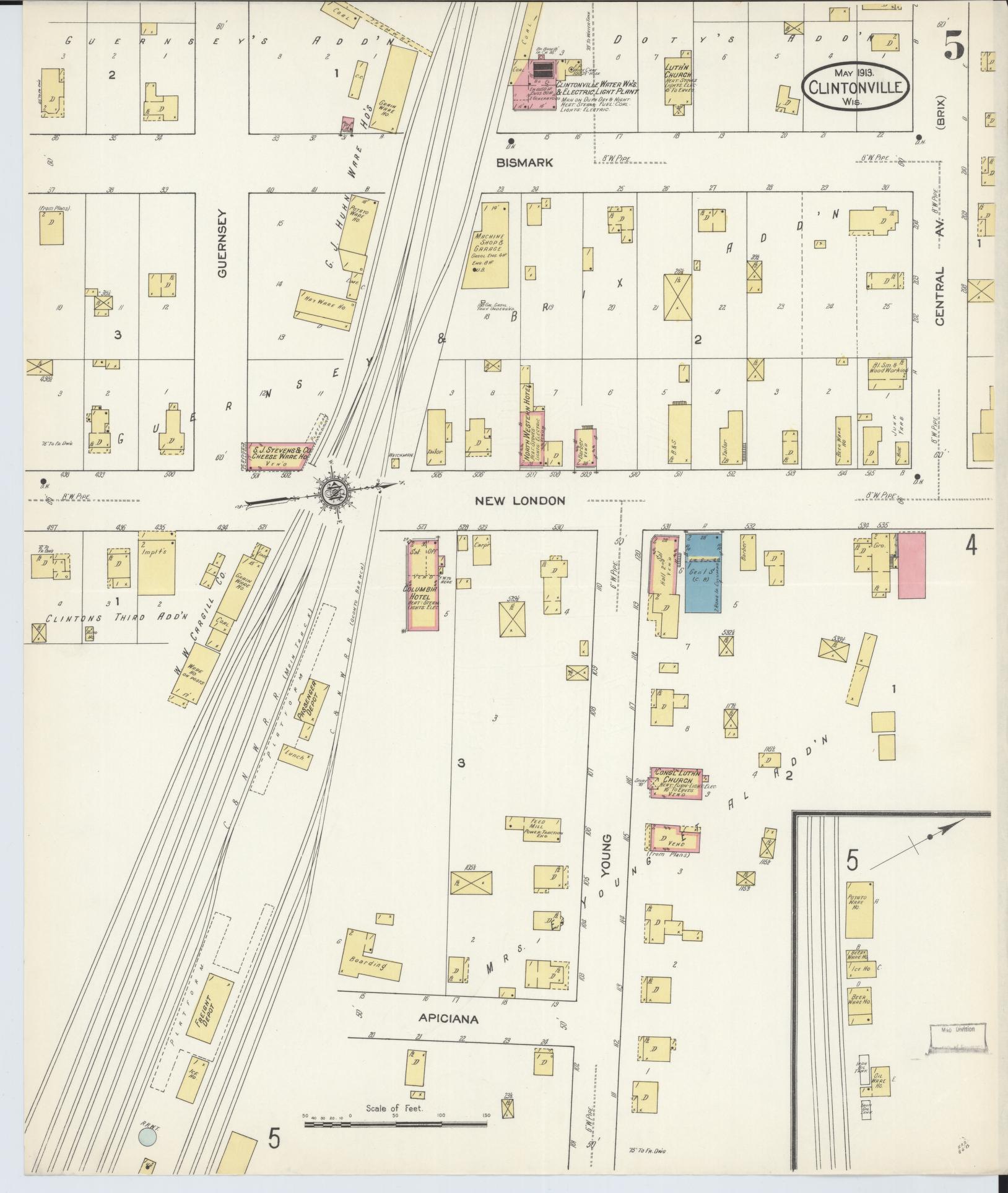 Sanborn Fire Insurance Map from Clintonville, Waupaca County, Wisconsin (1913), Sheet #0005 - Historic Sanborn Fire Insurance Map Print, vintage old map wall art, antique decor, genealogy gift, Wisconsin Wisconsin map