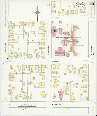 Sanborn Fire Insurance Map from Raleigh, Wake County, North Carolina (1909), Sheet #0020 - Complete Map Set gallery image, historic Sanborn map, vintage wall art, North Carolina North Carolina