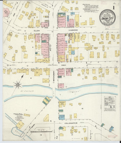 Sanborn Fire Insurance Map from Union City, Branch And Calhoun Counties, Michigan (1909), Sheet #0001 - Historic Sanborn Fire Insurance Map Print, vintage old map wall art, antique decor, genealogy gift, Michigan Michigan map