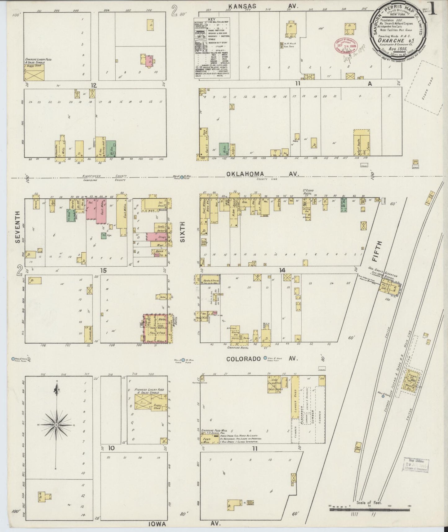 Sanborn Fire Insurance Map from Okarche, Kingfisher and Canadian Counties, Oklahoma (1895), Sheet #0001 - Historic Sanborn Fire Insurance Map Print, vintage old map wall art, antique decor, genealogy gift, Oklahoma Oklahoma map