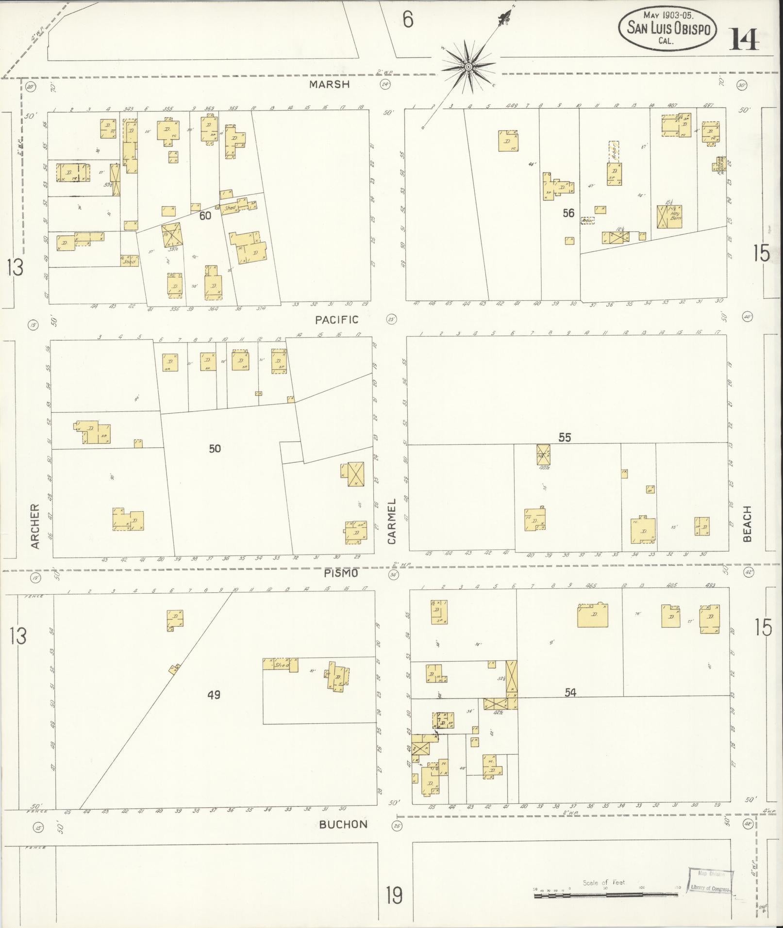 Sanborn Fire Insurance Map from San Luis Obispo, San Luis Obispo County, California (1905), Sheet #0014 - Complete Map Set gallery image, historic Sanborn map, vintage wall art, California California