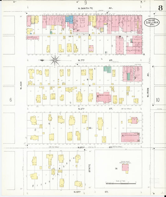 Sanborn Fire Insurance Map from Salina, Saline County, Kansas (1905), Sheet #0008 - Historic Sanborn Fire Insurance Map Print, vintage old map wall art, antique decor, genealogy gift, Kansas Kansas map