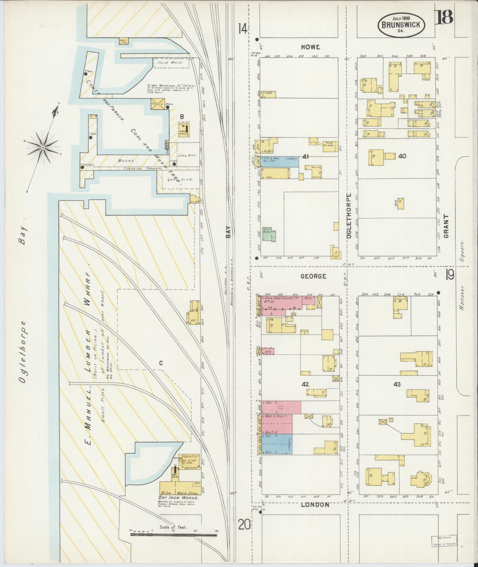 Sanborn Fire Insurance Map from Brunswick, Glynn County, Georgia (1898), Sheet #0018 - Historic Sanborn Fire Insurance Map Print, vintage old map wall art, antique decor, genealogy gift, Georgia Georgia map