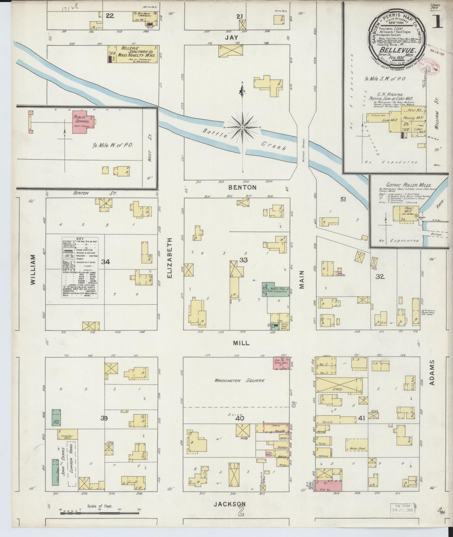 Sanborn Fire Insurance Map from Bellevue, Eaton County, Michigan (1895), Sheet #0001 - Historic Sanborn Fire Insurance Map Print, vintage old map wall art, antique decor, genealogy gift, Michigan Michigan map