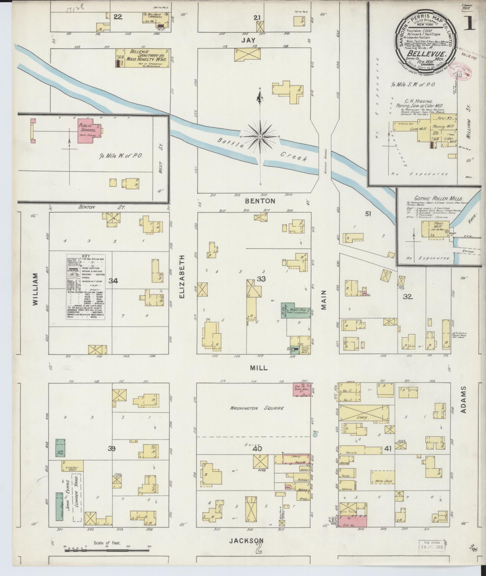 Sanborn Fire Insurance Map from Bellevue, Eaton County, Michigan (1895), Sheet #0001 - Historic Sanborn Fire Insurance Map Print, vintage old map wall art, antique decor, genealogy gift, Michigan Michigan map