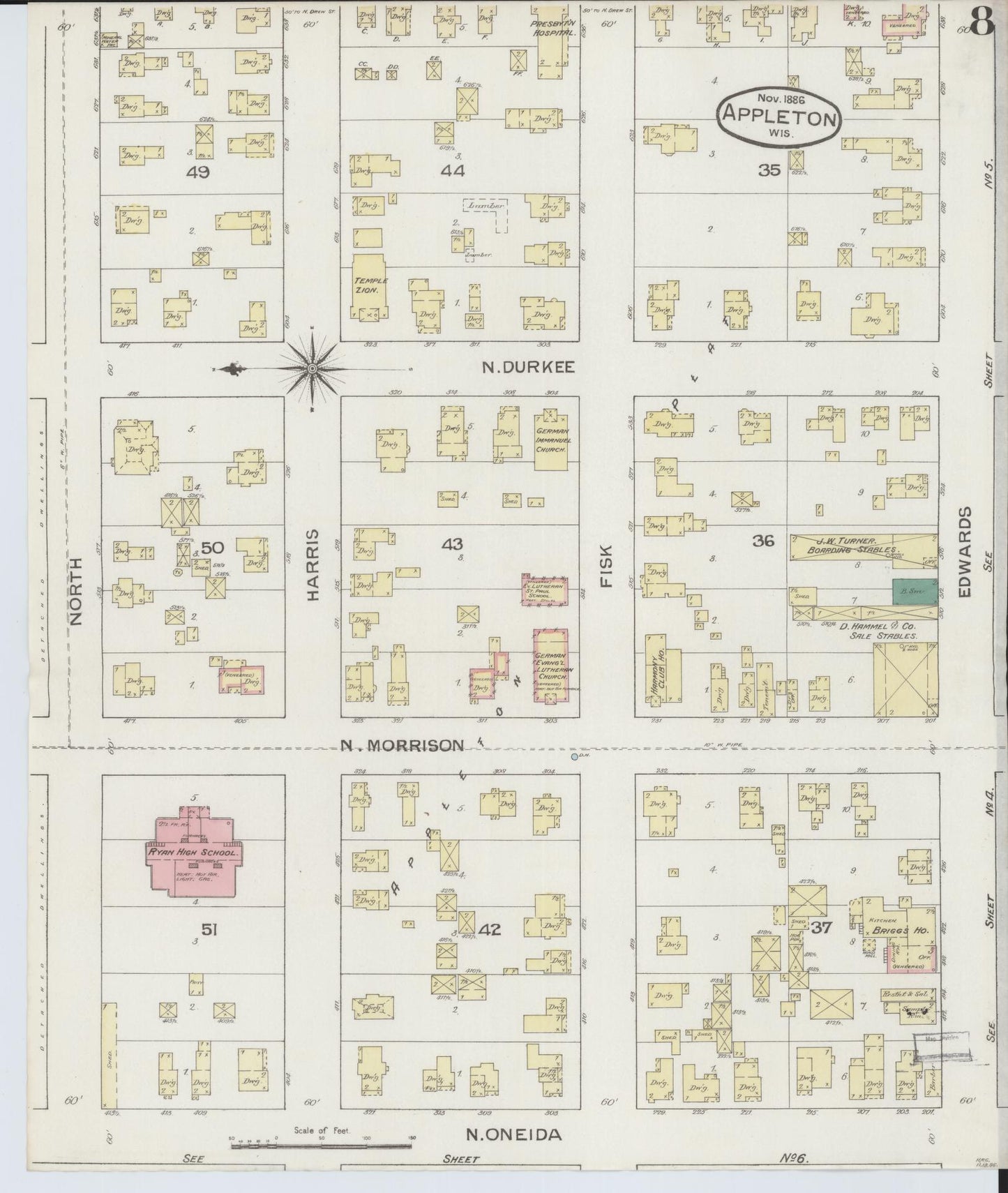 Sanborn Fire Insurance Map from Appleton, Outagamie County, Wisconsin (1886), Sheet #0008 - Complete Map Set gallery image, historic Sanborn map, vintage wall art, Wisconsin Wisconsin