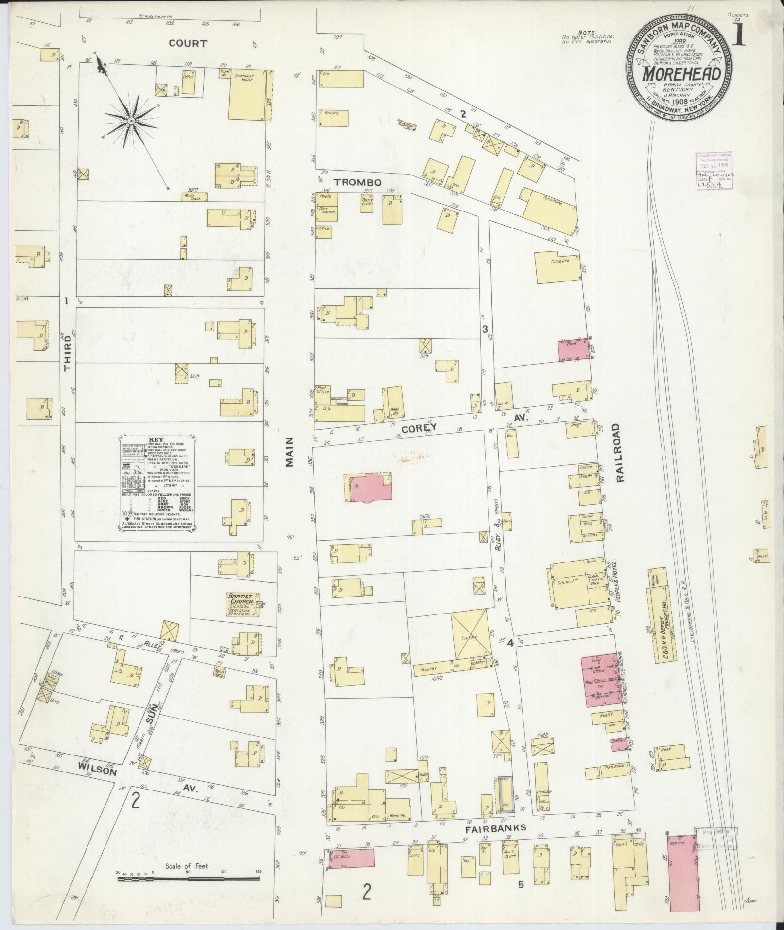 Sanborn Fire Insurance Map from Morehead, Rowan County, Kentucky (1908), Sheet #0001 - Historic Sanborn Fire Insurance Map Print, vintage old map wall art, antique decor, genealogy gift, Kentucky Kentucky map