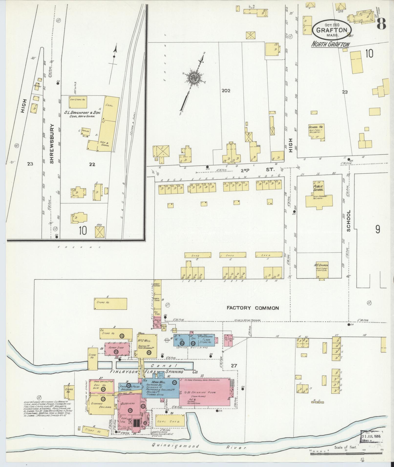 Sanborn Fire Insurance Map from Grafton, Worcester County, Massachusetts (1910), Sheet #0008 - Historic Sanborn Fire Insurance Map Print, vintage old map wall art, antique decor, genealogy gift, Massachusetts Massachusetts map