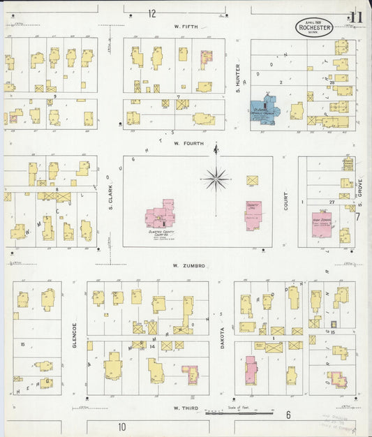Sanborn Fire Insurance Map from Rochester, Olmsted County, Minnesota (1909), Sheet #0011 - Historic Sanborn Fire Insurance Map Print, vintage old map wall art, antique decor, genealogy gift, Minnesota Minnesota map