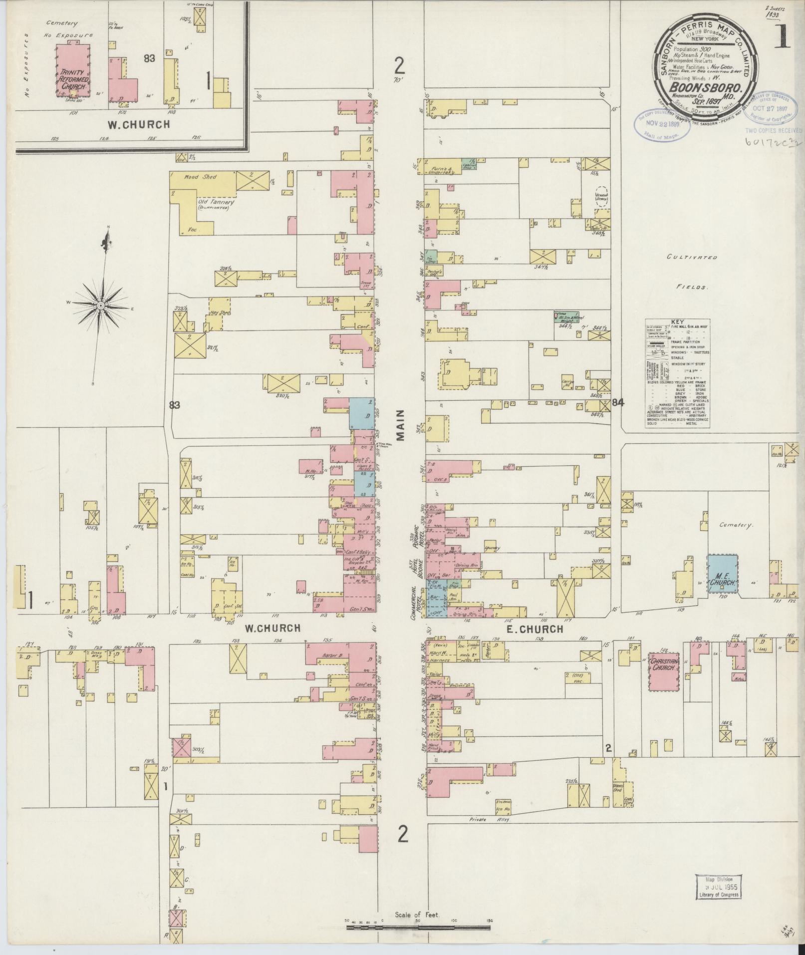 Sanborn Fire Insurance Map from Boonsboro, Washington County, Maryland (1897), Sheet #0001 - Complete Map Set gallery image, historic Sanborn map, vintage wall art, Maryland Maryland