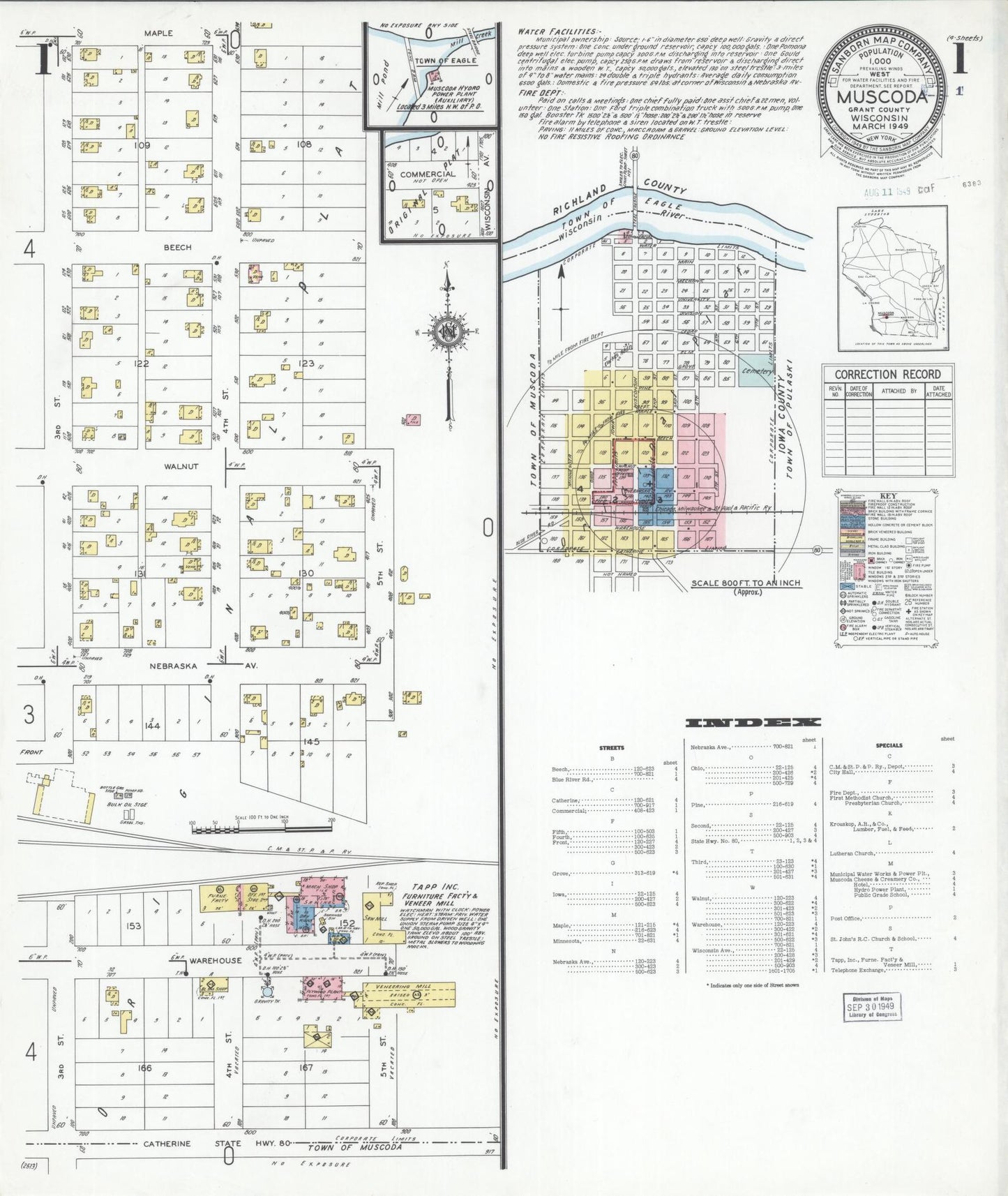 Sanborn Fire Insurance Map from Muscoda, Grant County, Wisconsin (1949), Sheet #0001 - Historic Sanborn Fire Insurance Map Print, vintage old map wall art, antique decor, genealogy gift, Wisconsin Wisconsin map
