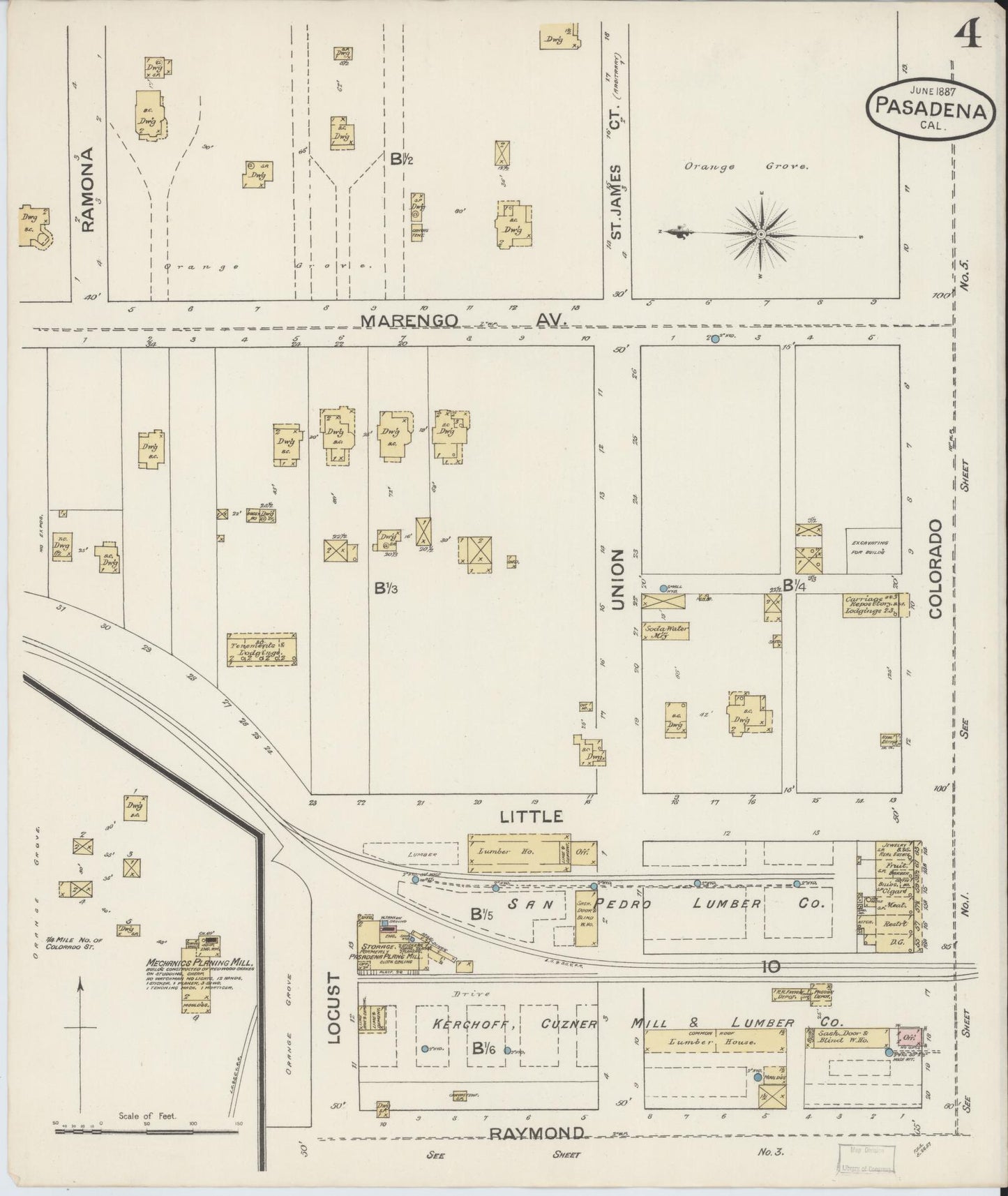 Sanborn Fire Insurance Map from Pasadena, Los Angeles County, California (1887), Sheet #0004 - Complete Map Set gallery image, historic Sanborn map, vintage wall art, California California